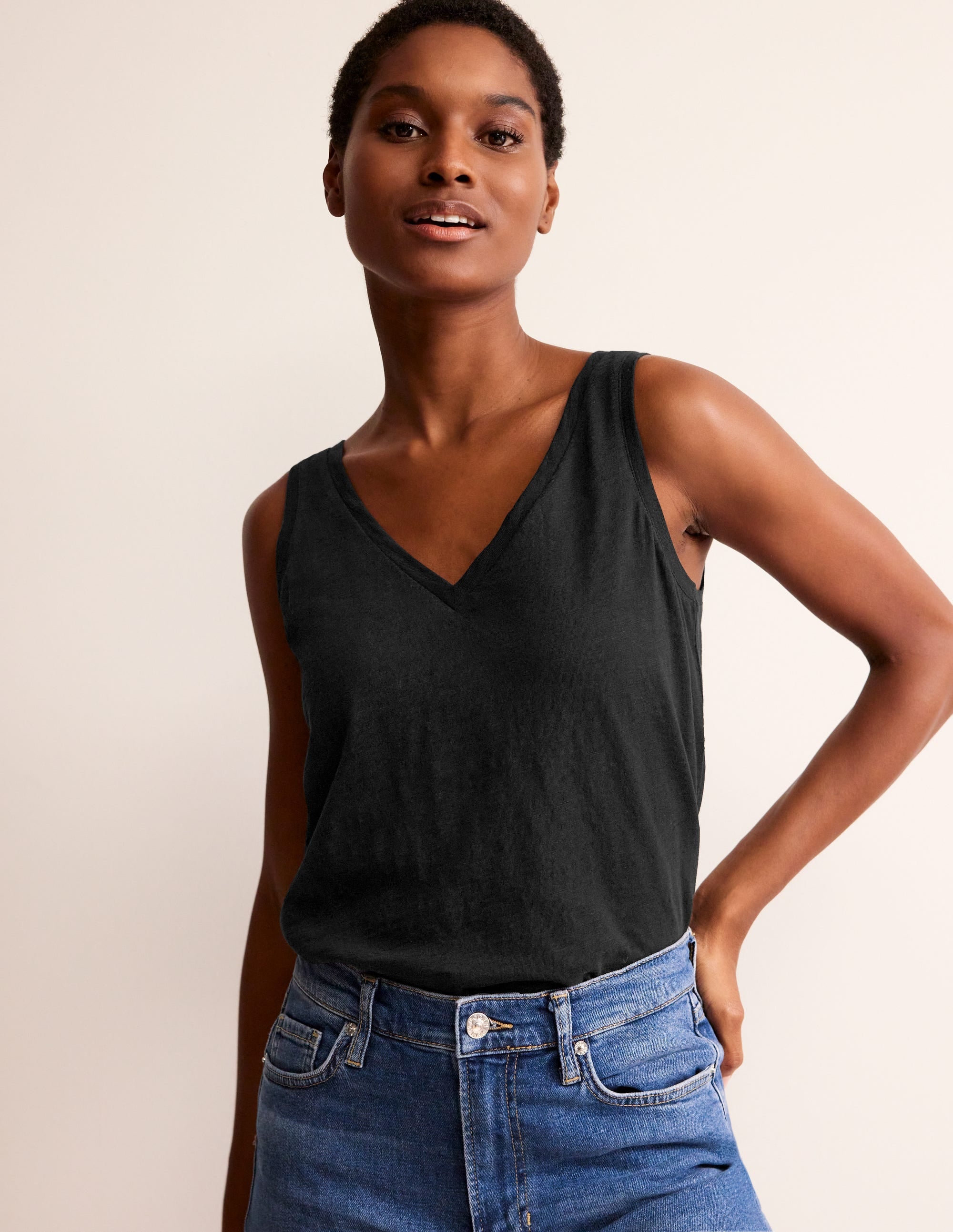 Regular V-Neck Slub Vest-Black - Image 2