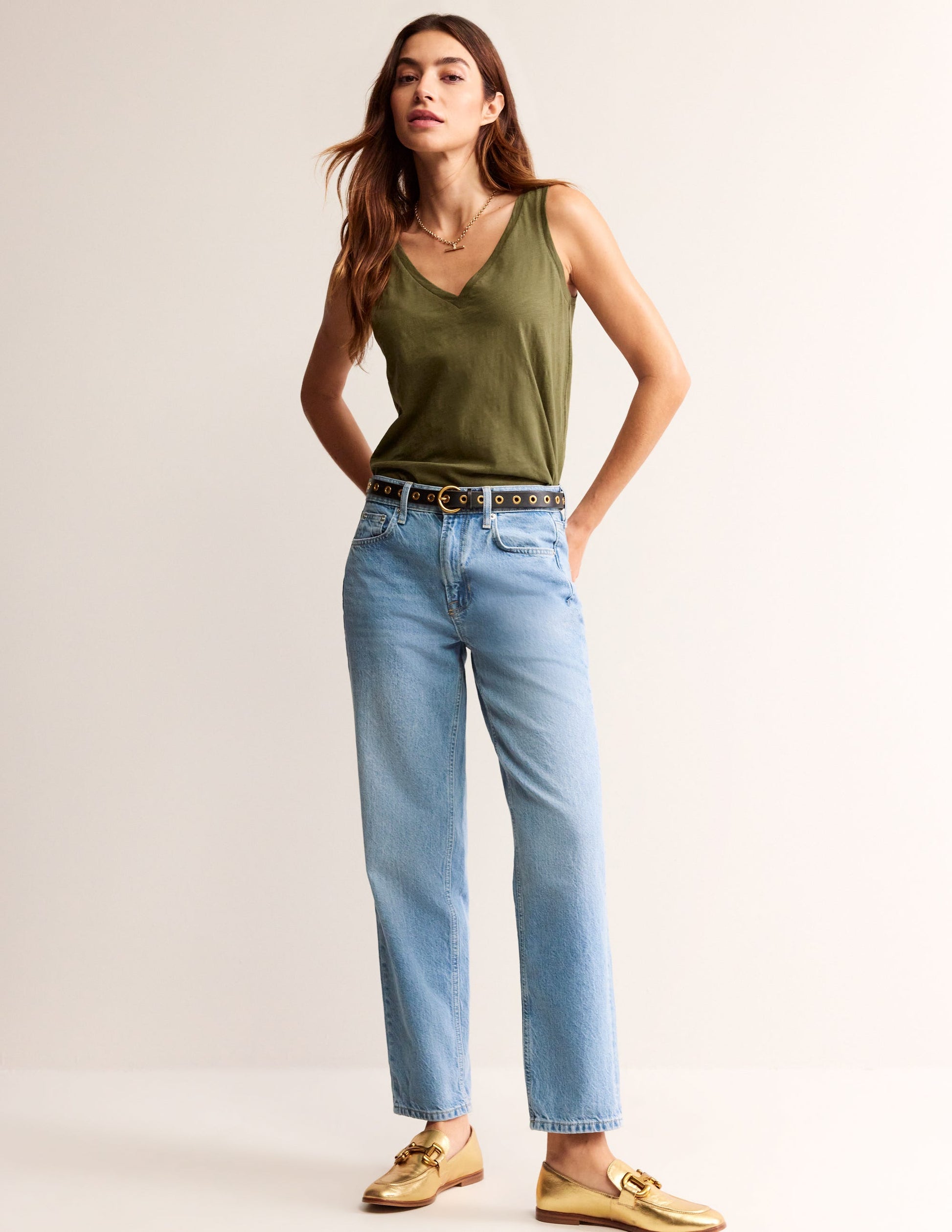 Regular V-Neck Slub Vest-Moss-4