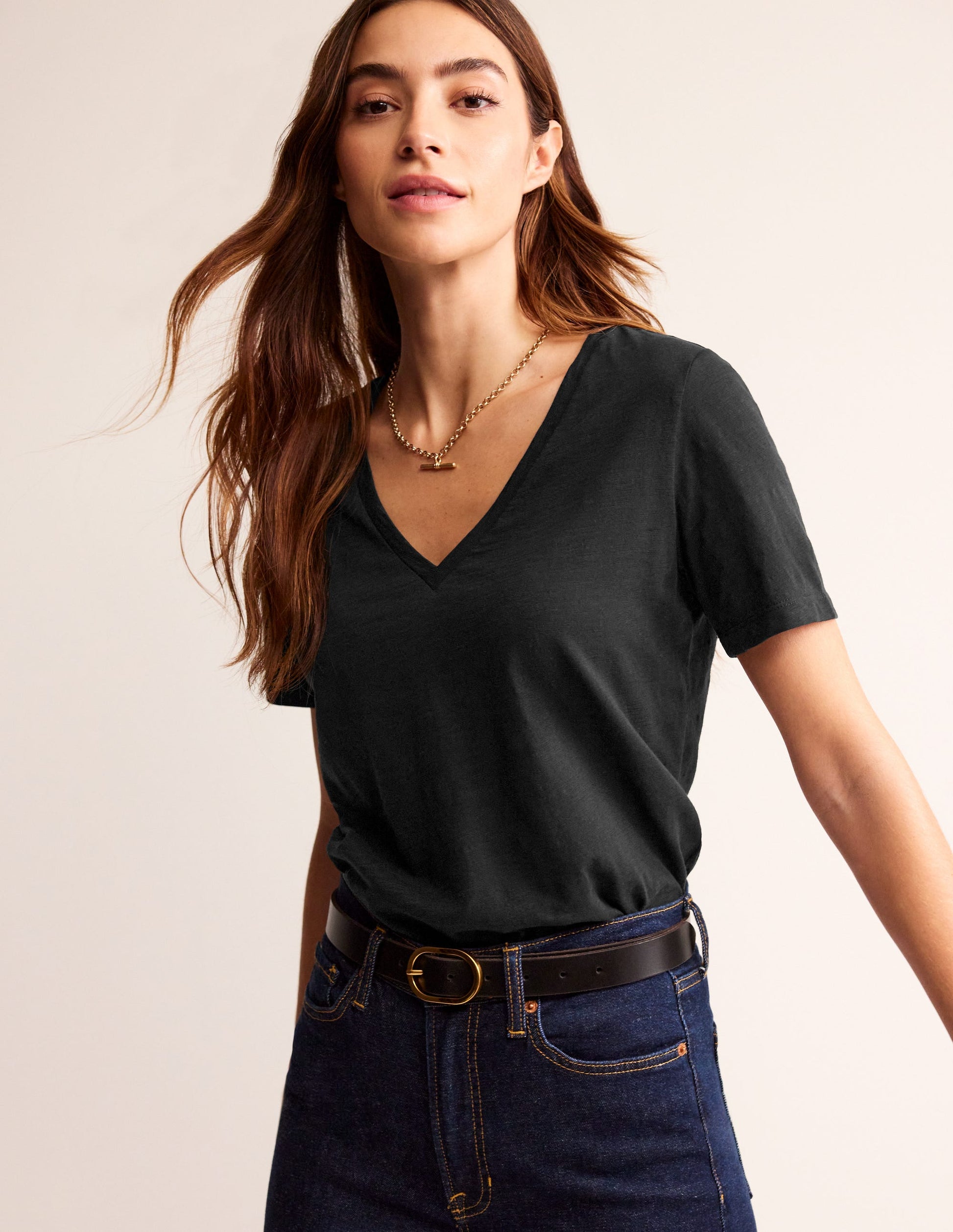 Regular V-Neck Slub T-shirt-Black-1