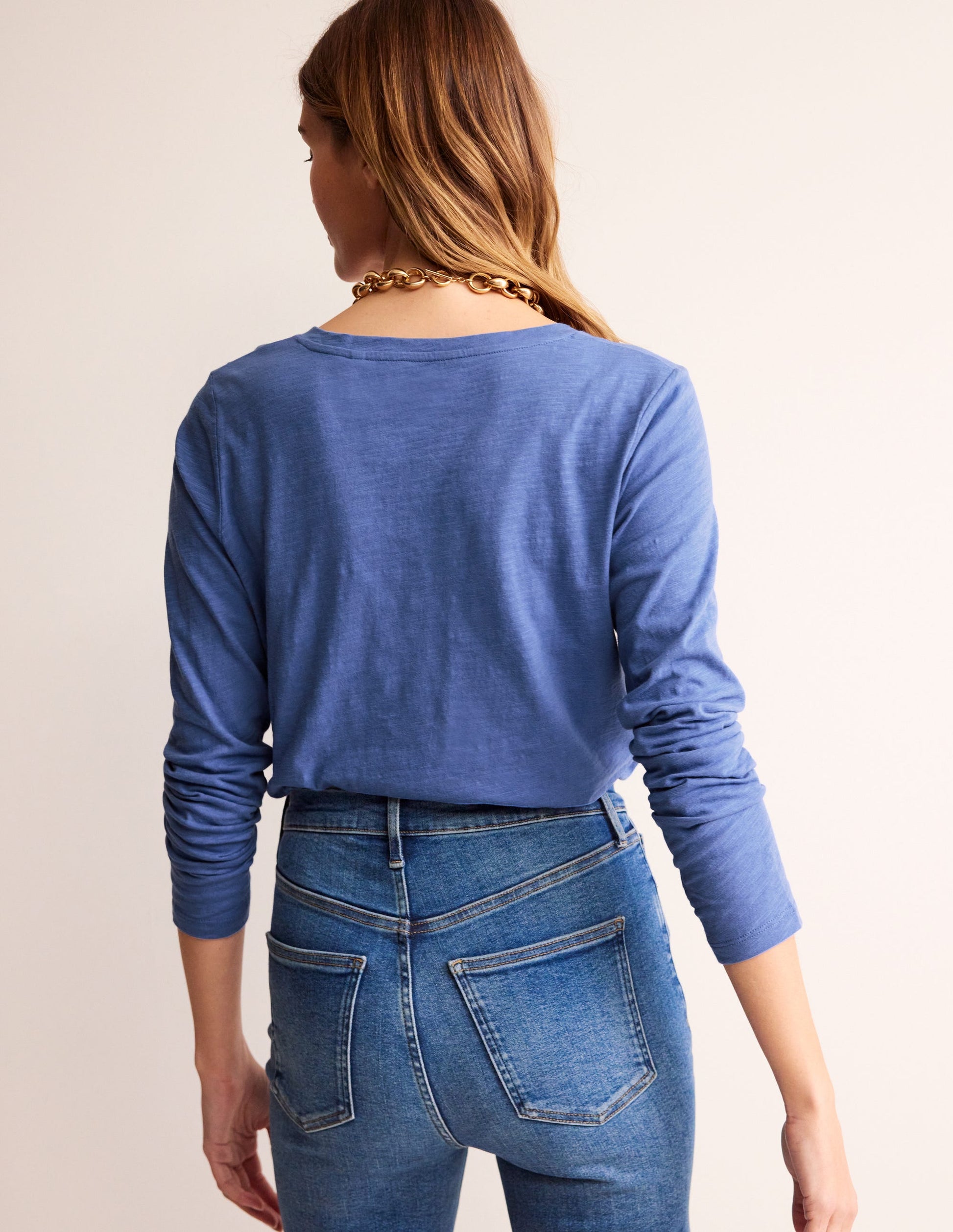 Cotton V-Neck Long Sleeve Top-Ebb and Flow Blue-3