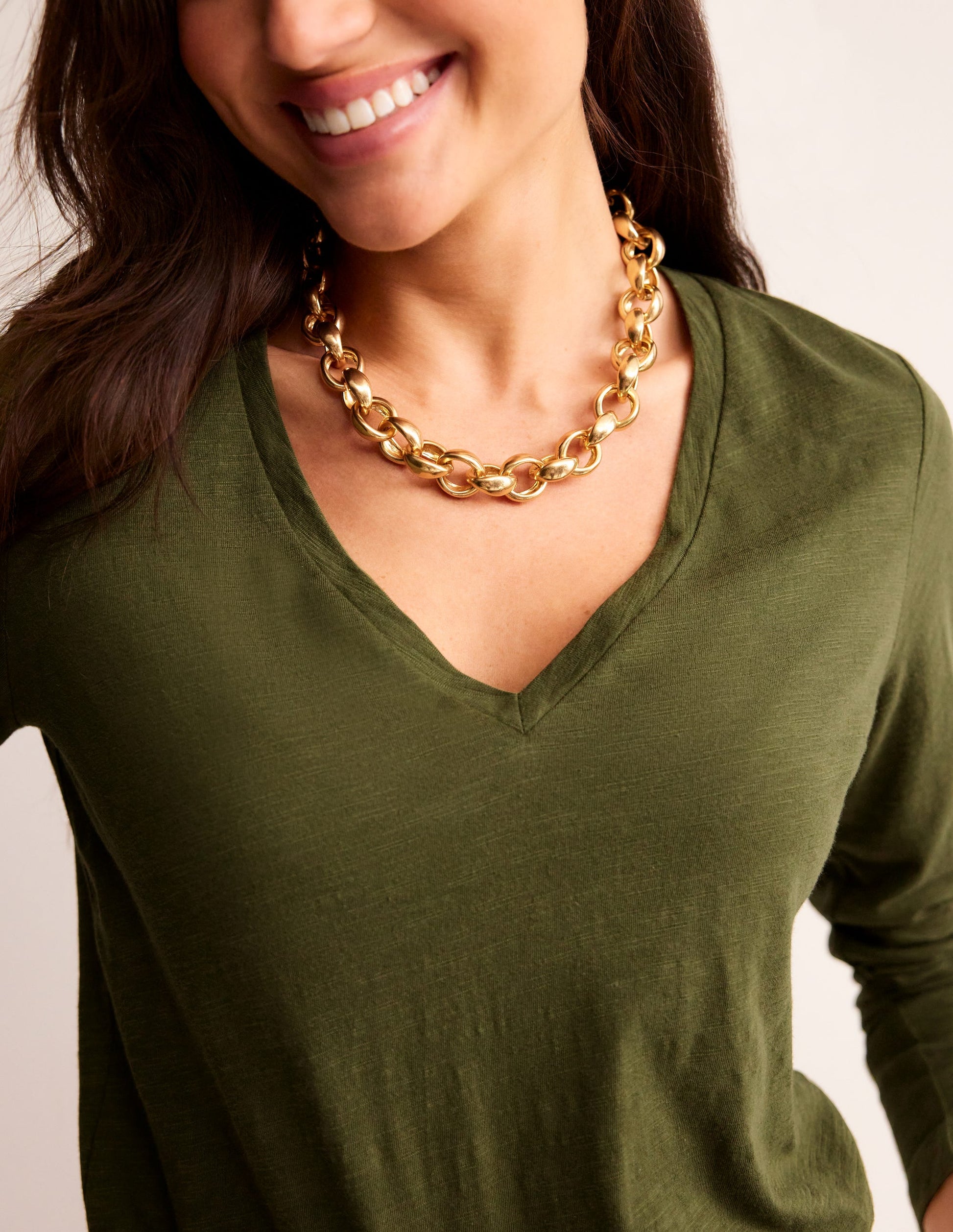 Cotton V-Neck Long Sleeve Top-Oregano-2
