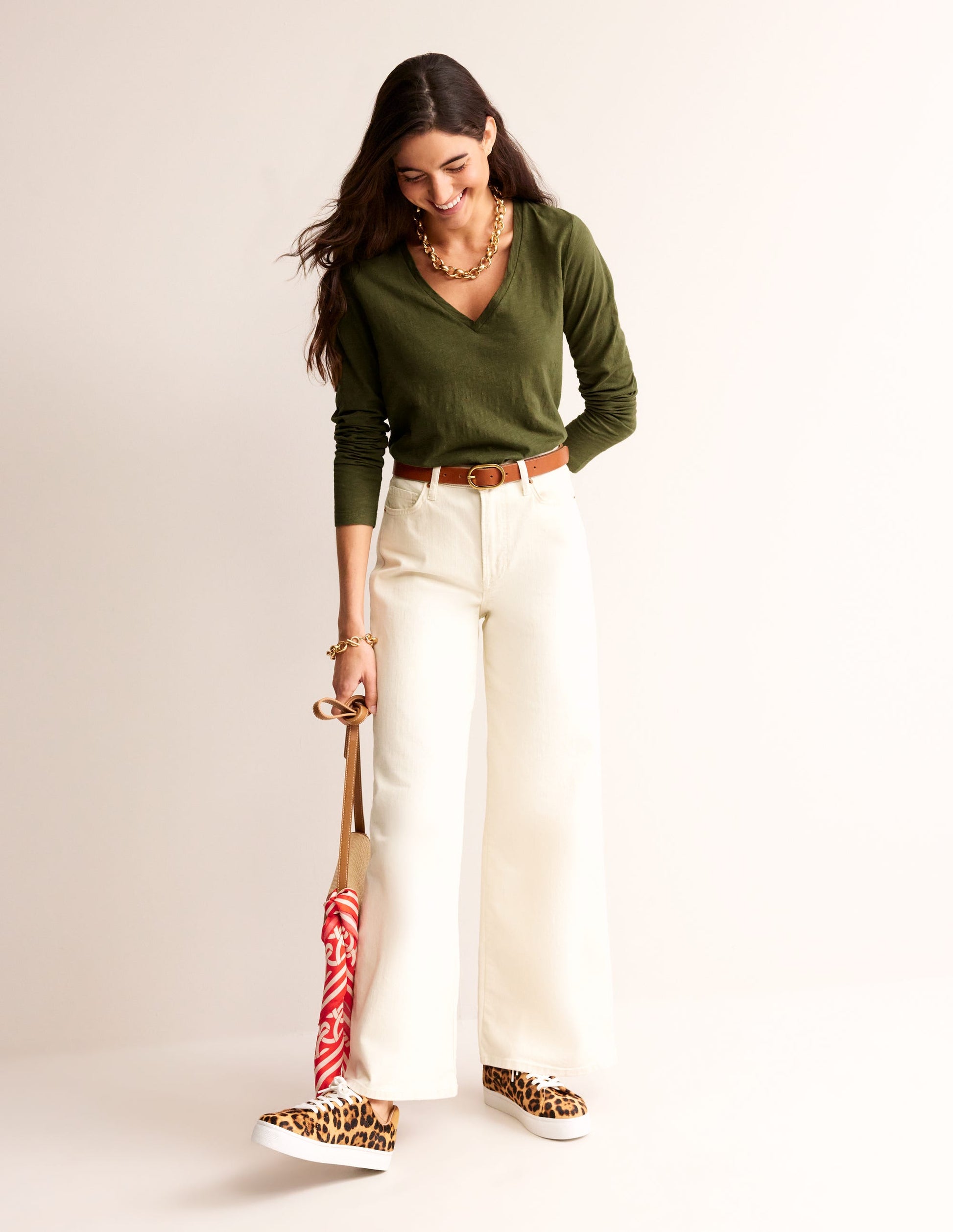 Cotton V-Neck Long Sleeve Top-Oregano-4