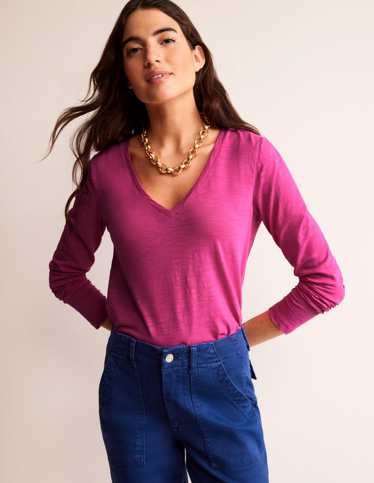 Cotton V-Neck Long Sleeve Top-Sangria Sunset - Image 1