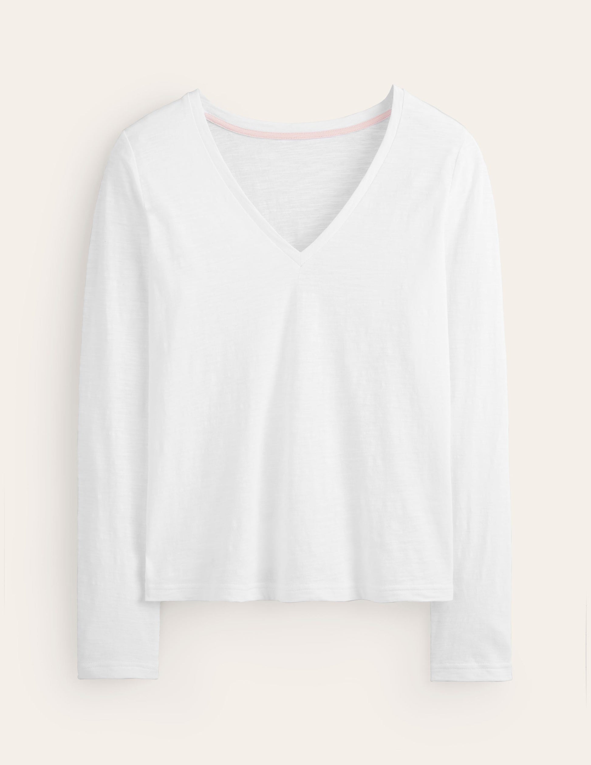 Cotton V-Neck Long Sleeve Top-White-5