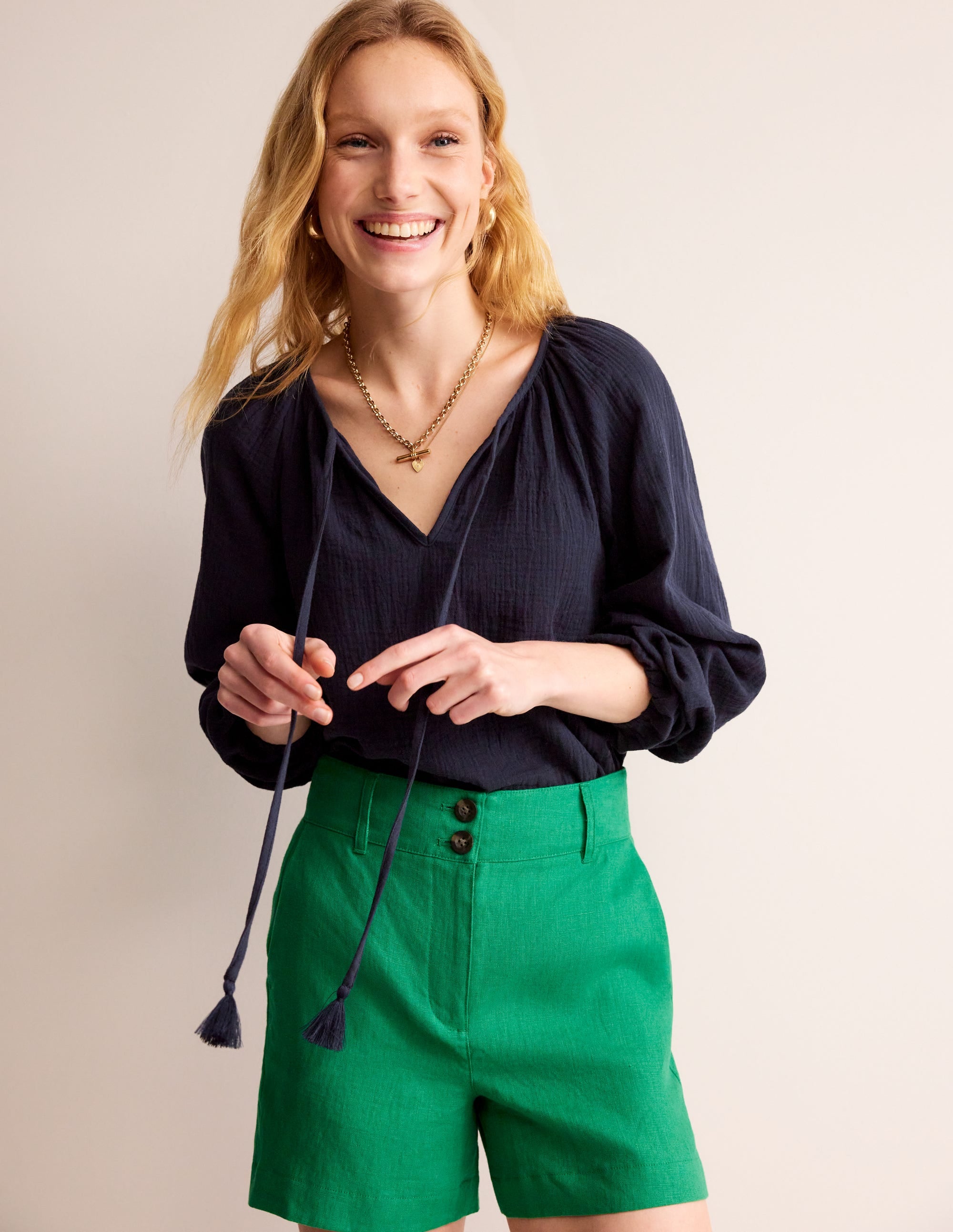 Doublecloth Blouson Sleeve Top-Navy - Image 1