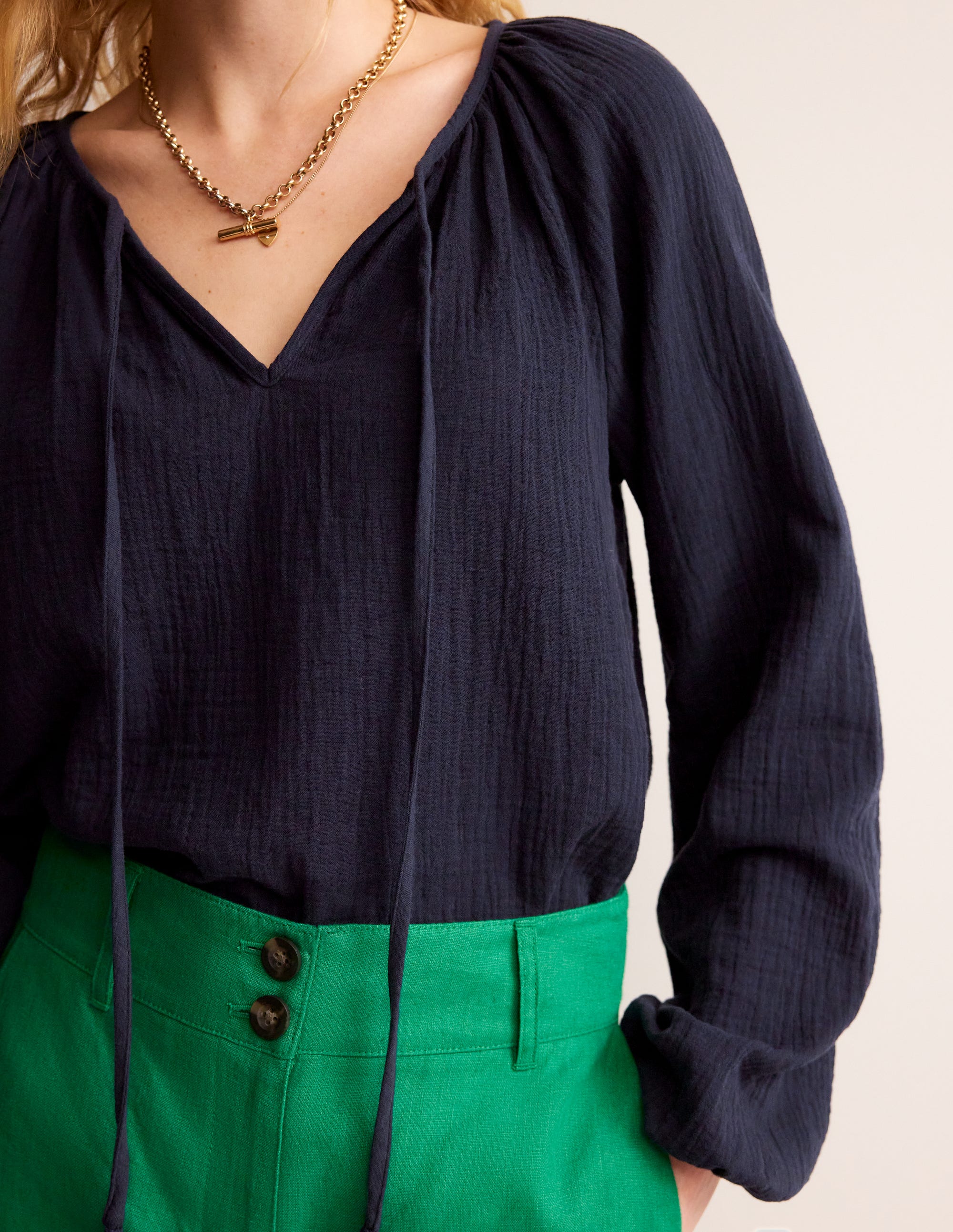 Doublecloth Blouson Sleeve Top-Navy - Image 2