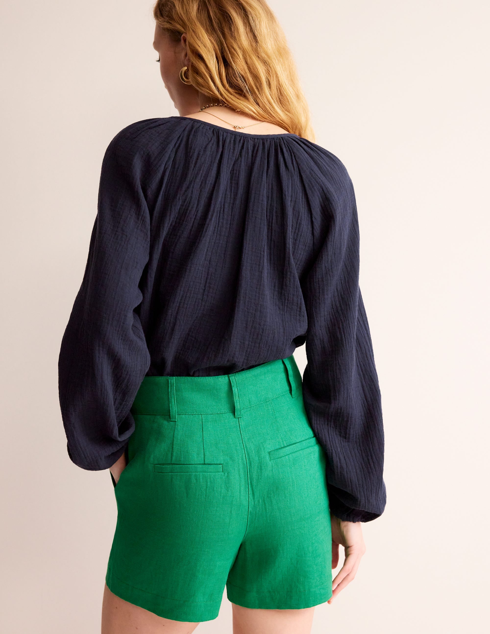 Doublecloth Blouson Sleeve Top-Navy - Image 3