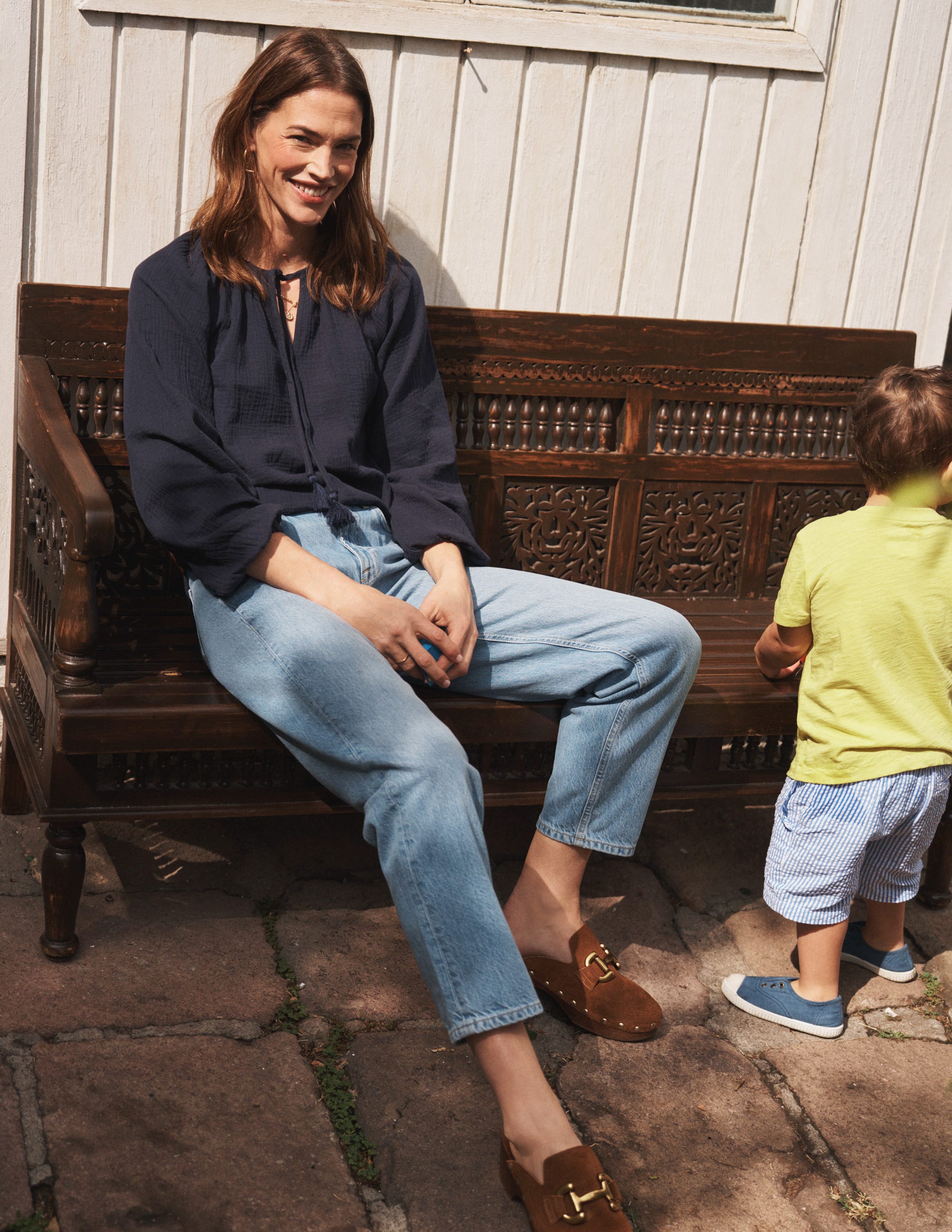 Doublecloth Blouson Sleeve Top-Navy - Image 5