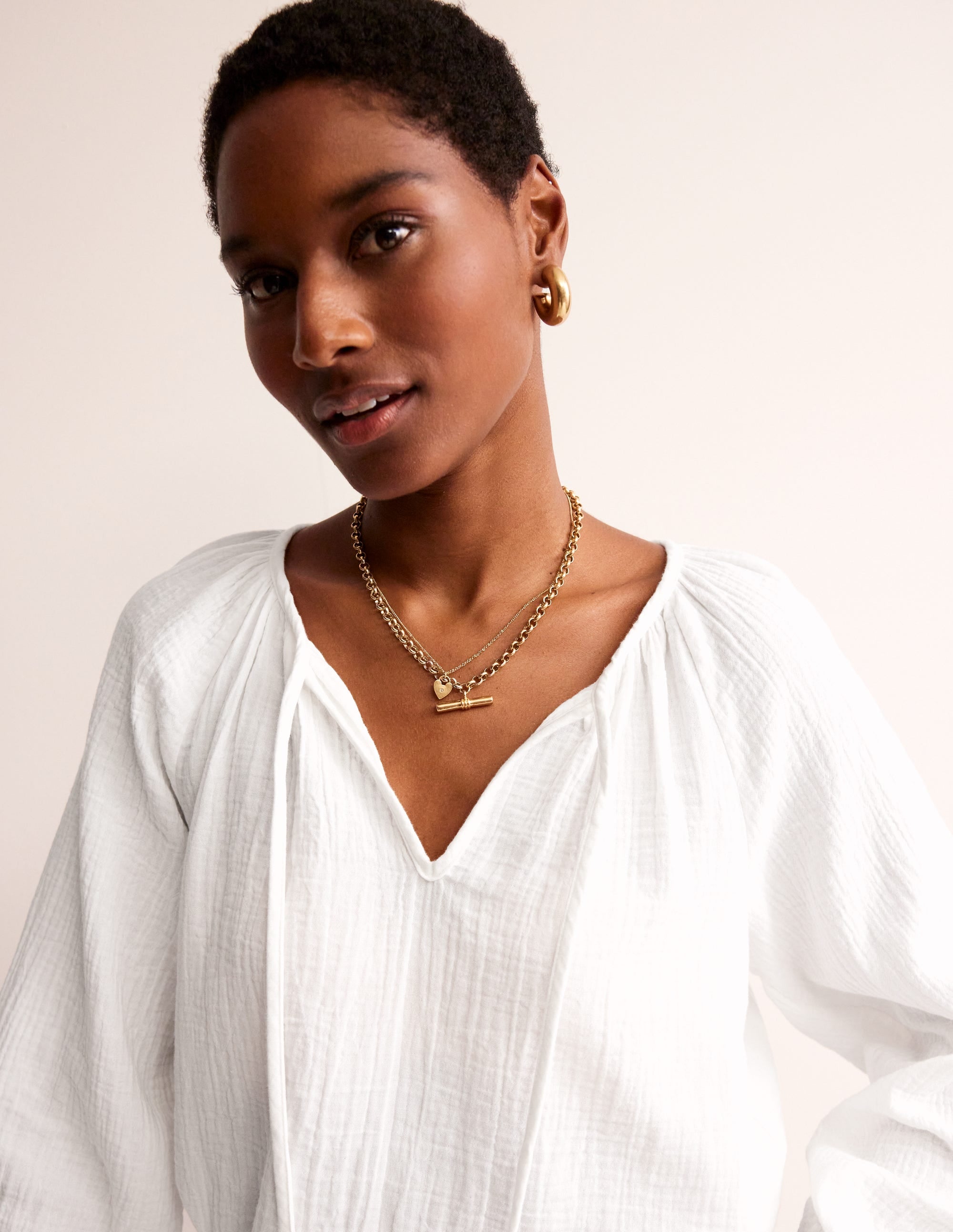 Doublecloth Blouson Sleeve Top-White - Image 1