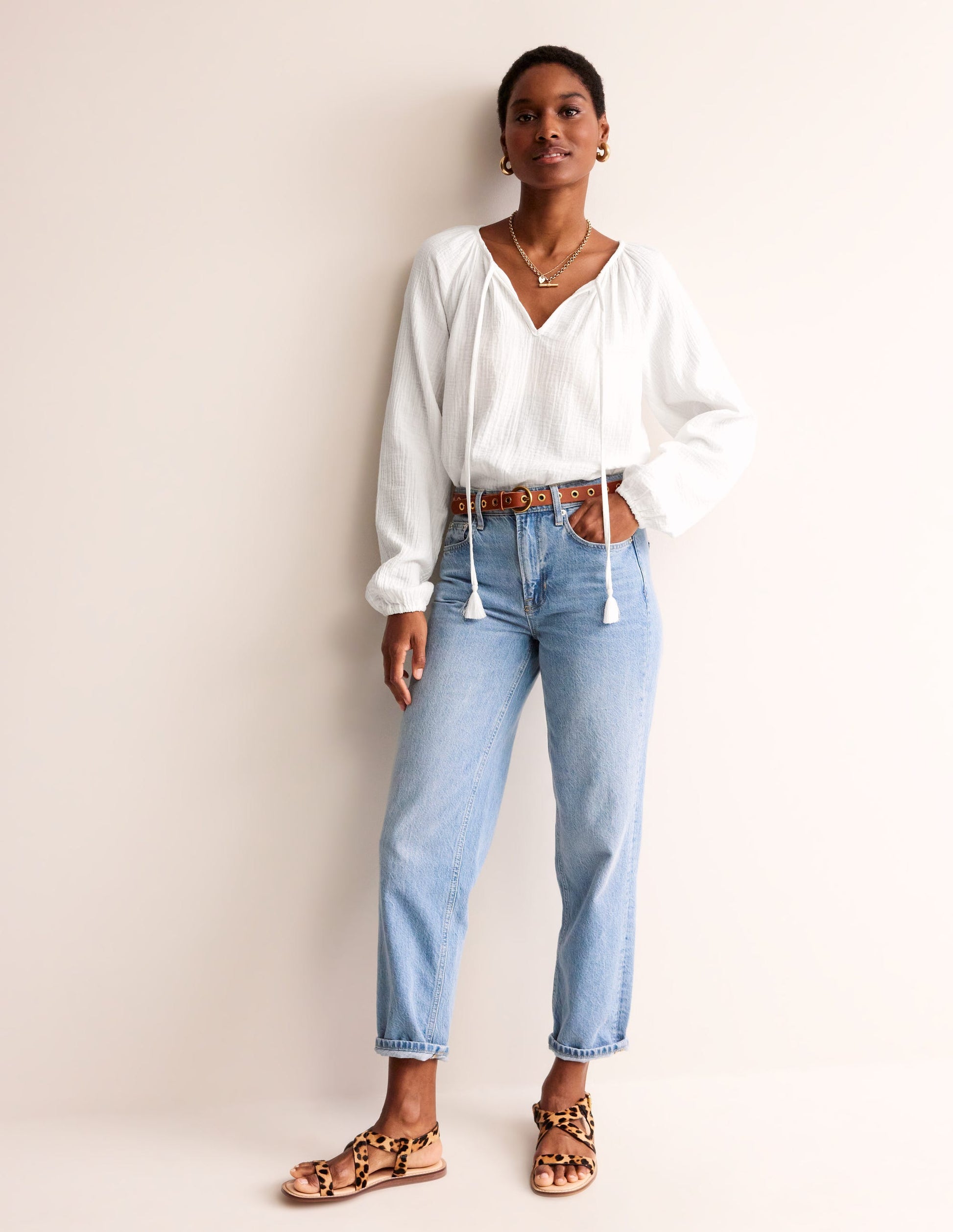 Doublecloth Blouson Sleeve Top-White-2