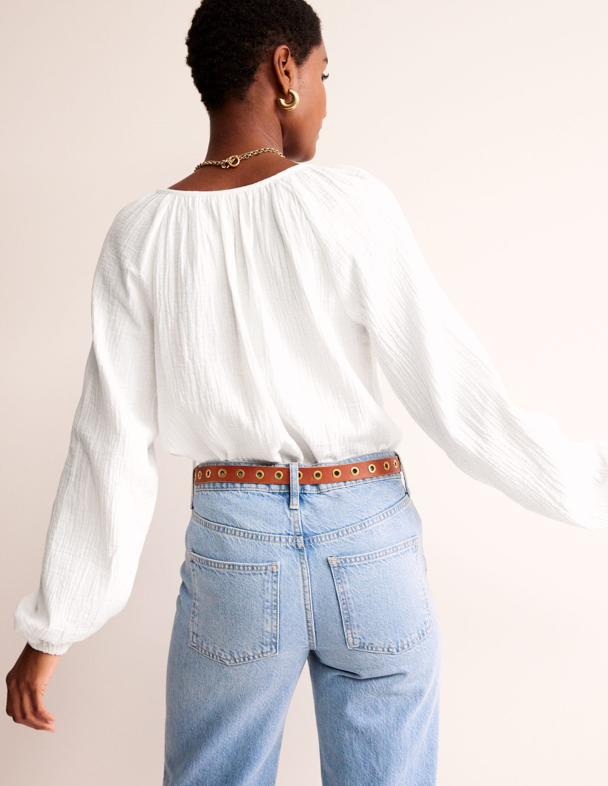 Doublecloth Blouson Sleeve Top-White-3