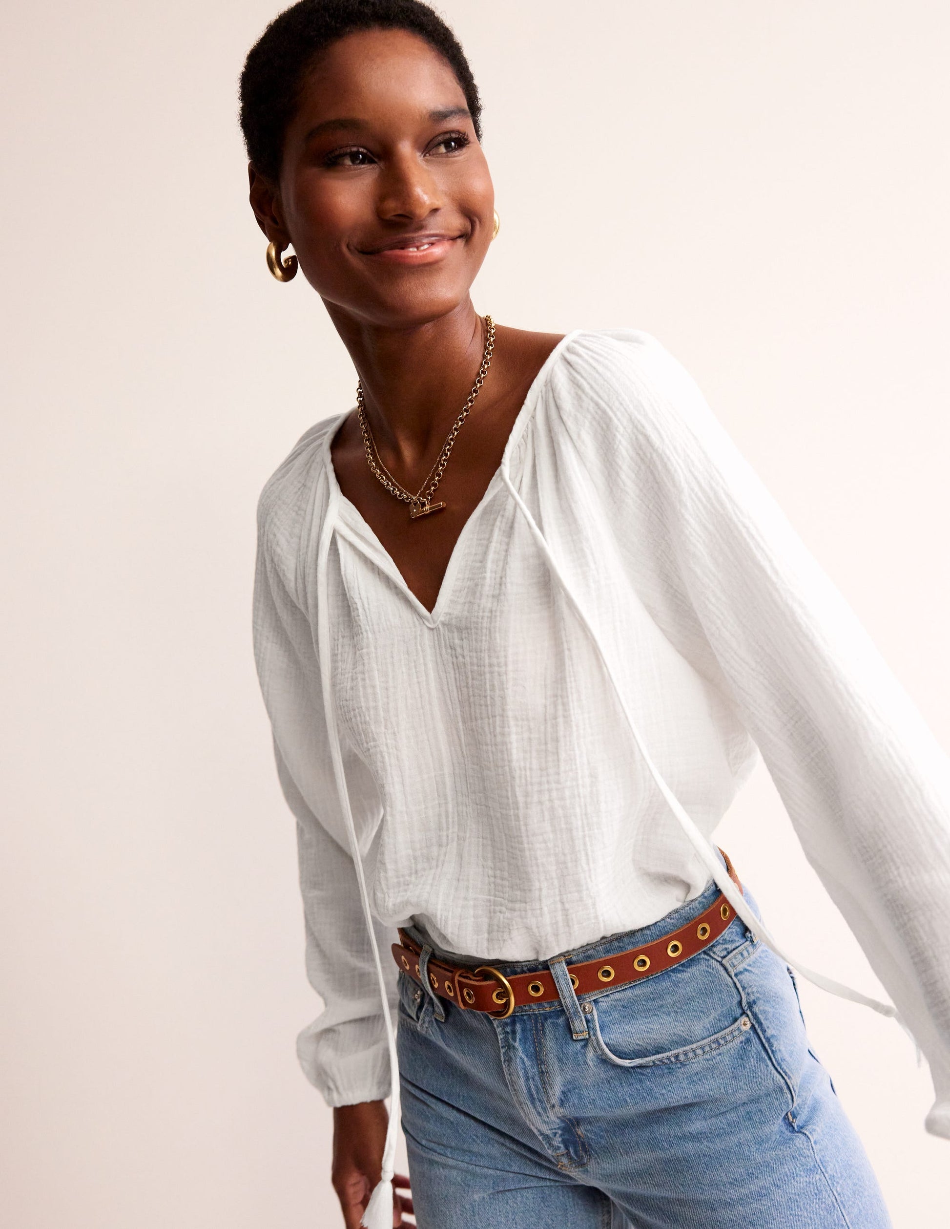 Doublecloth Blouson Sleeve Top-White-4
