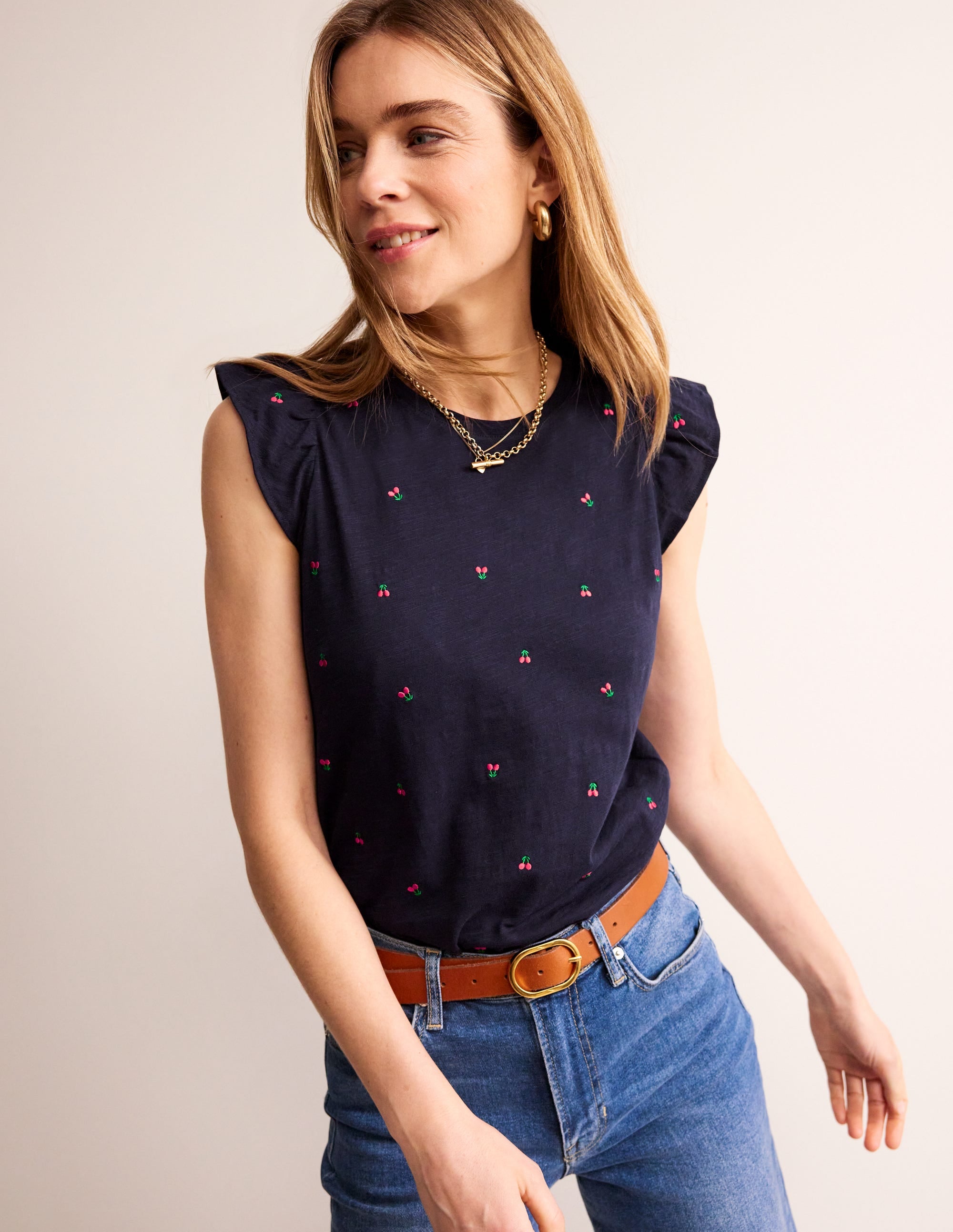 Dora Flutter Sleeve Top-Navy, Cherries - Image 1