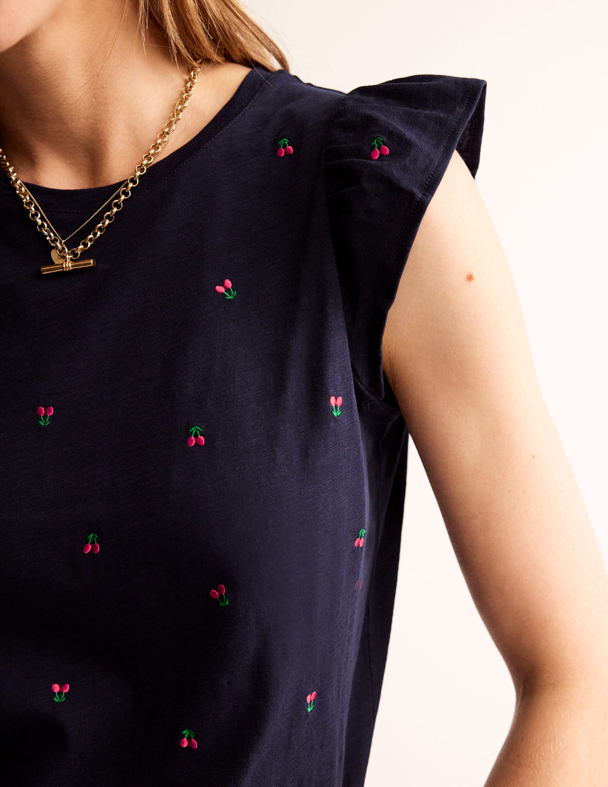 Dora Flutter Sleeve Top-Navy, Cherries - Image 2
