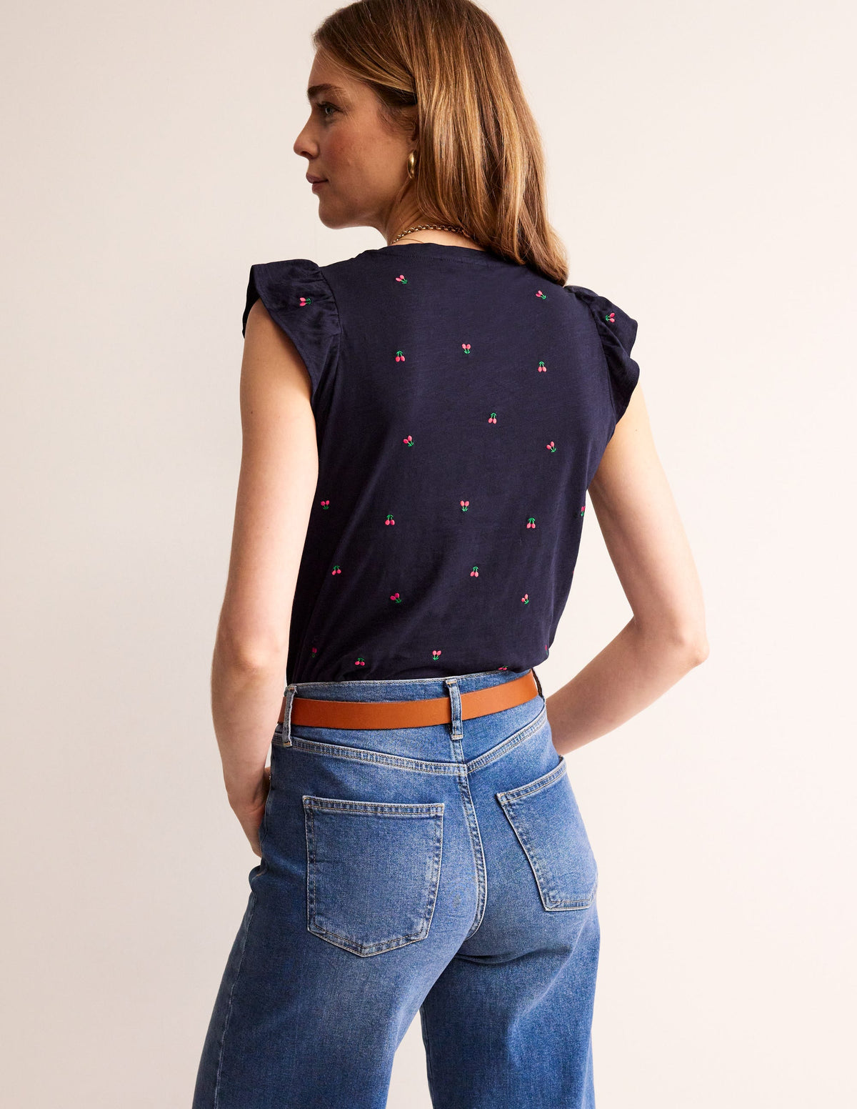 Dora Flutter Sleeve Top-Navy, Cherries - Image 3