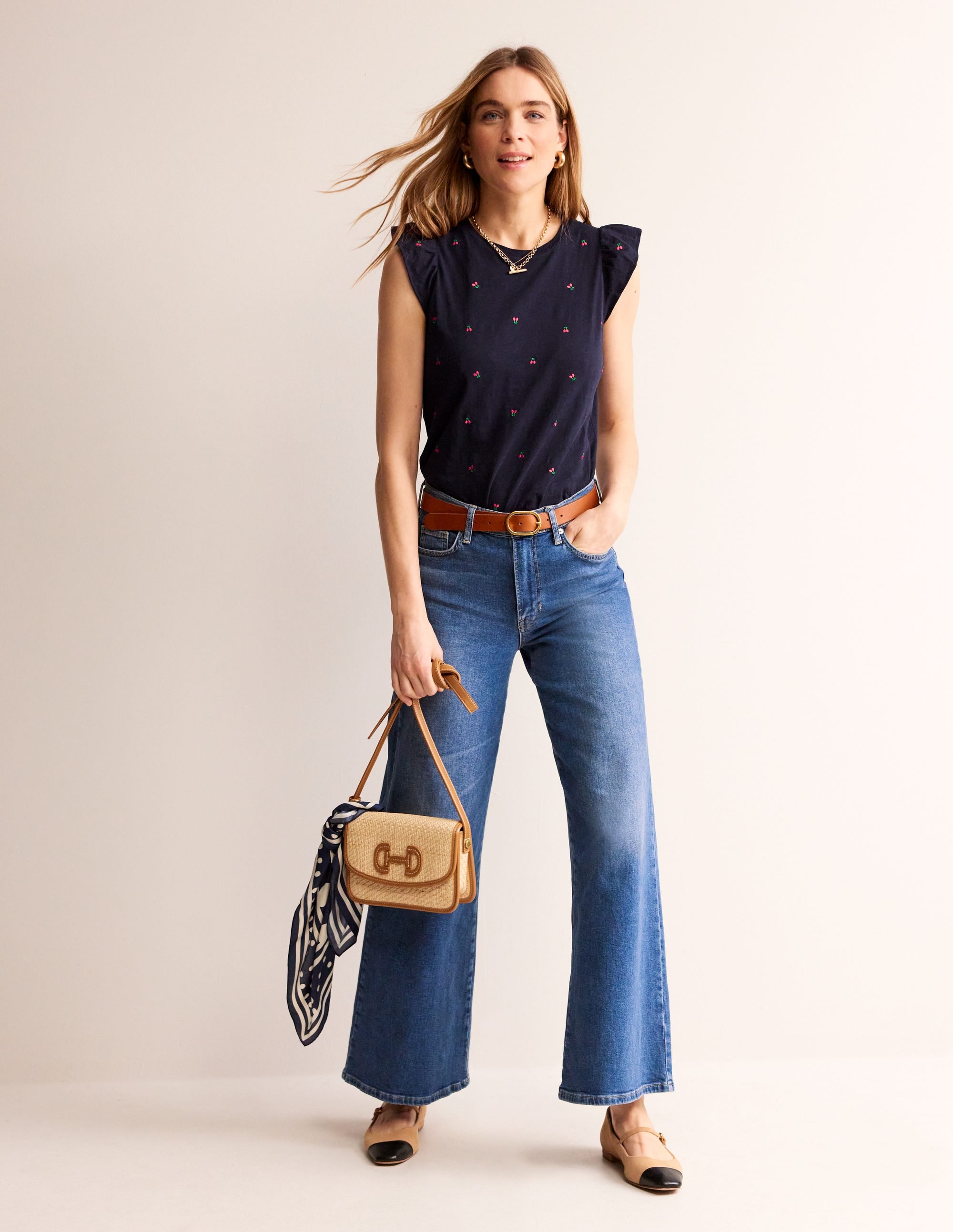 Dora Flutter Sleeve Top-Navy, Cherries - Image 4