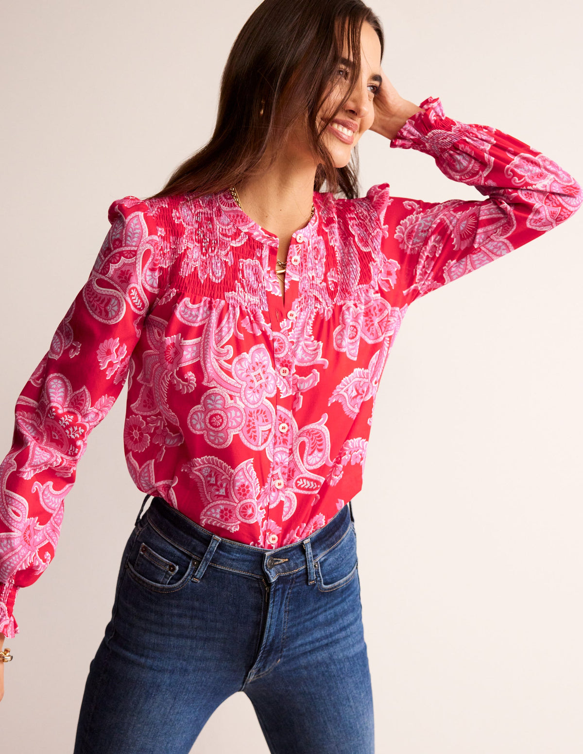 Helena Cotton Blouse-Flame Scarlet, Cascade Paisley - Image 1