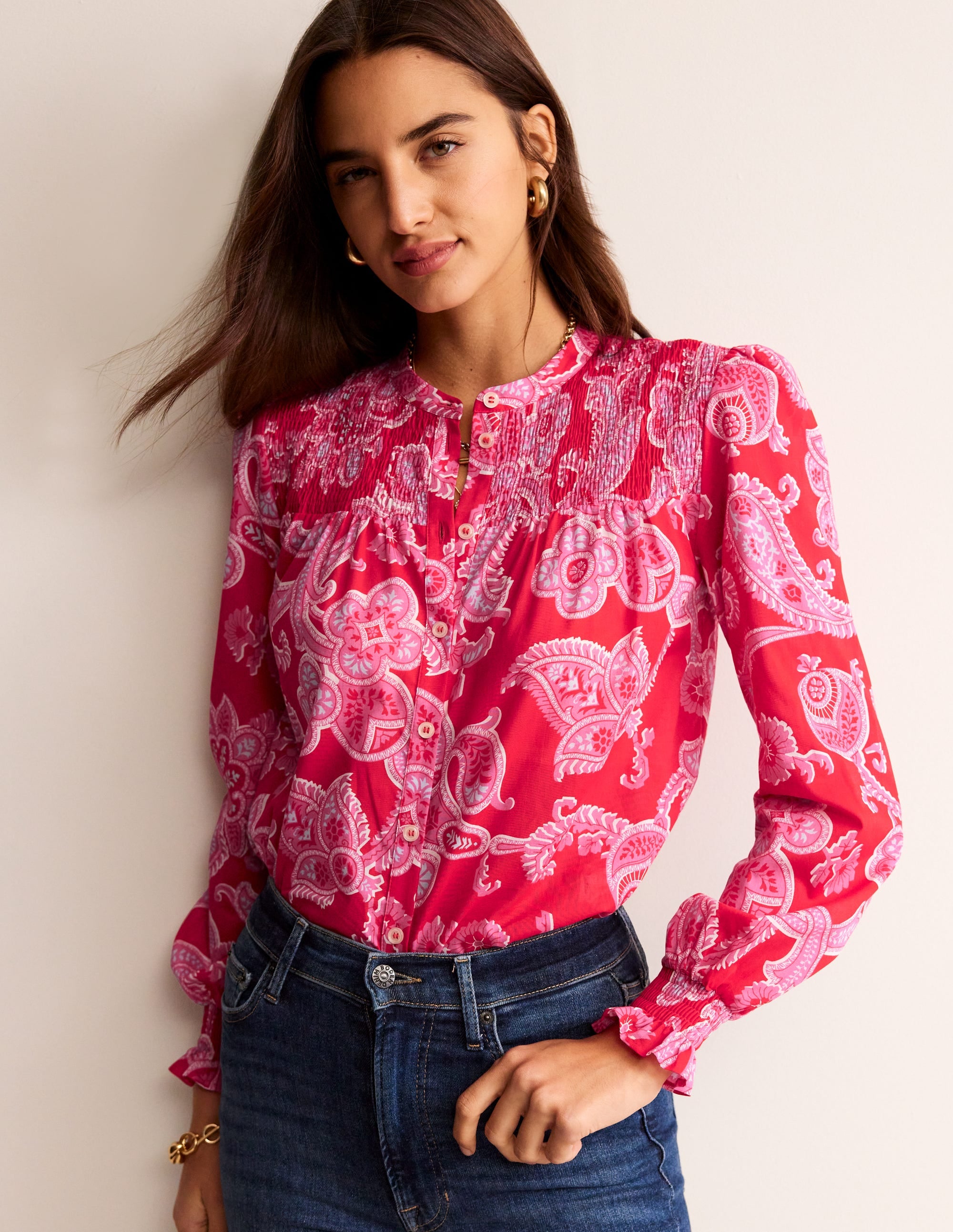 Helena Cotton Blouse-Flame Scarlet, Cascade Paisley - Image 4