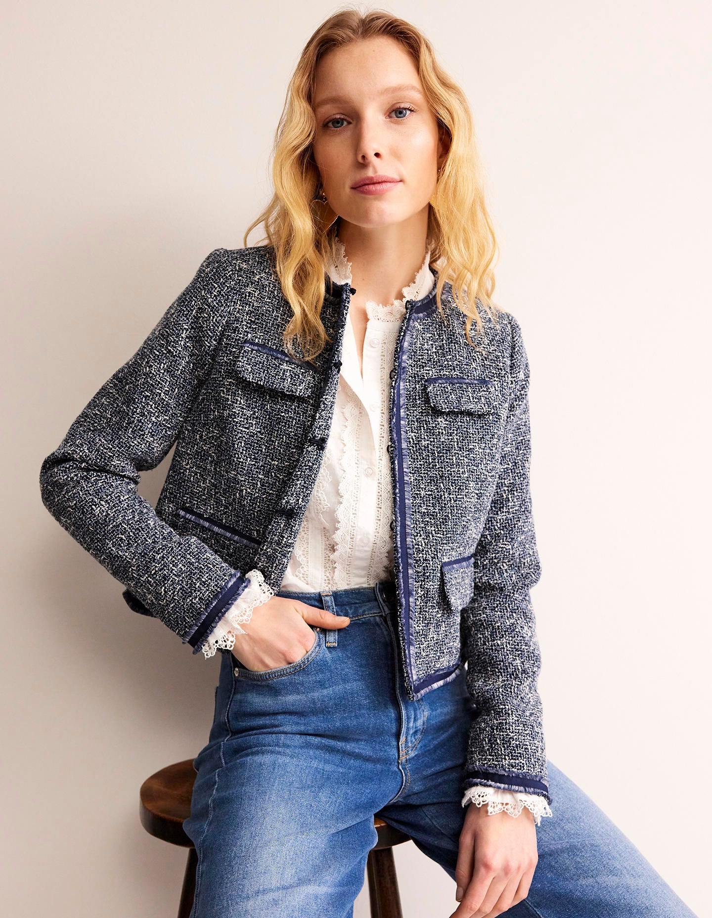 Textured Interest Crop Jacket-Navy - Image 1