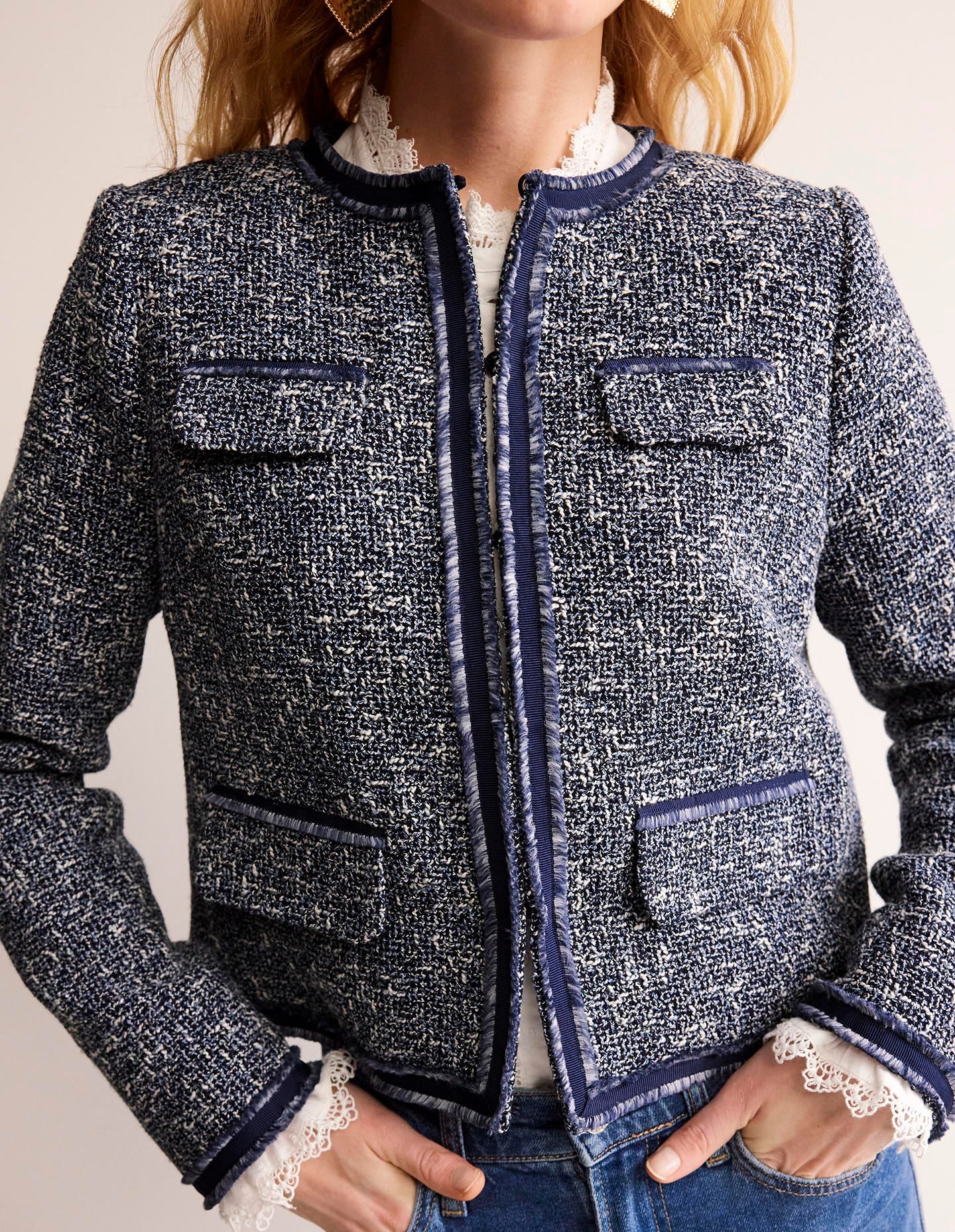 Textured Interest Crop Jacket-Navy - Image 2
