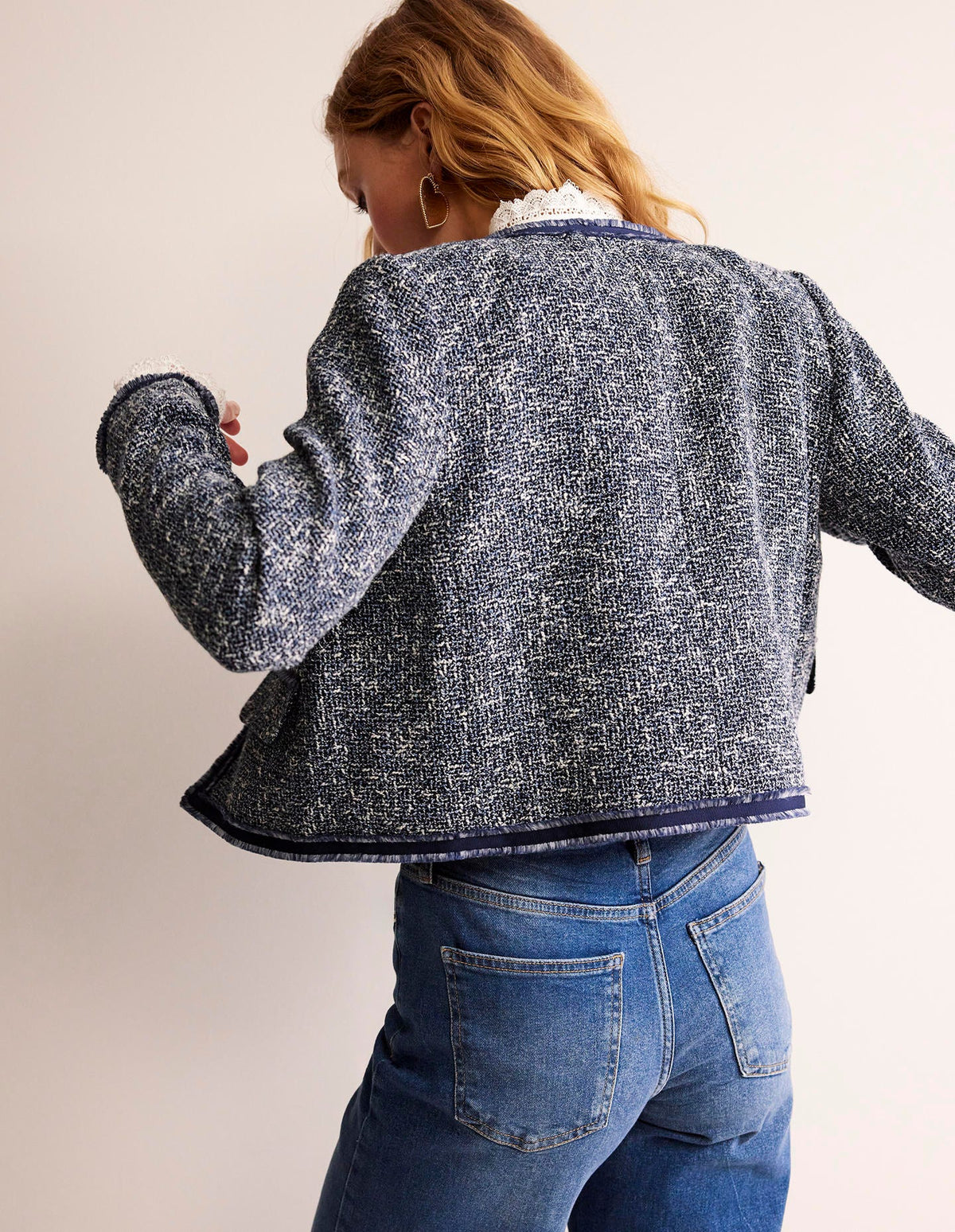 Textured Interest Crop Jacket-Navy - Image 3