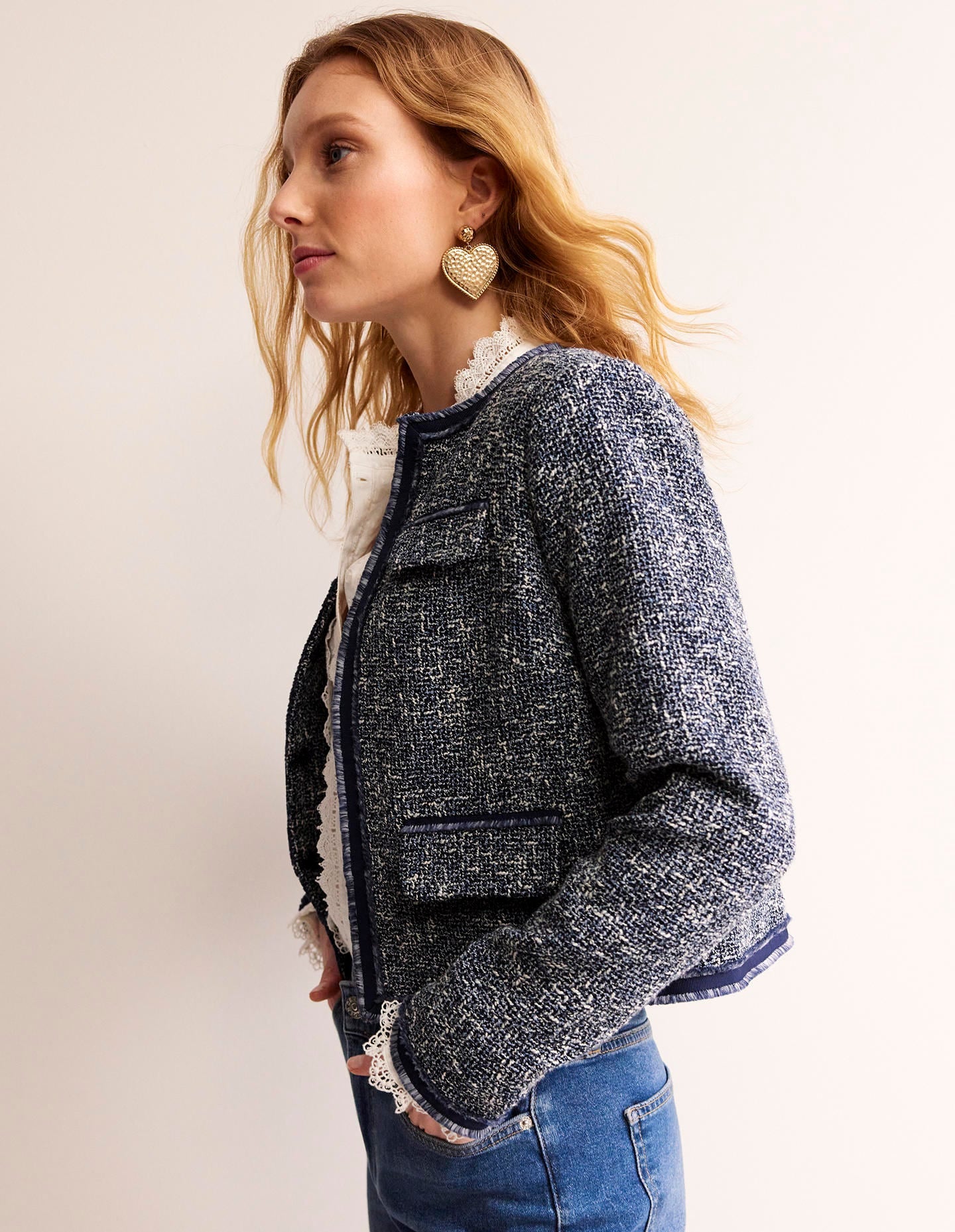 Textured Interest Crop Jacket-Navy - Image 4
