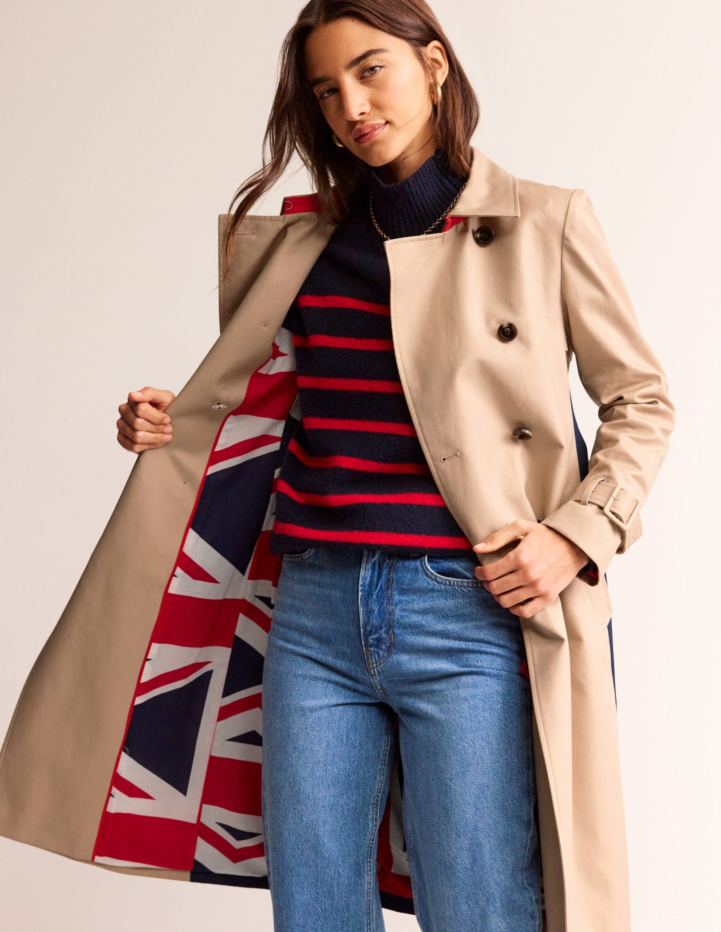 Colour Block Trench Coat-Neutral with Stripe