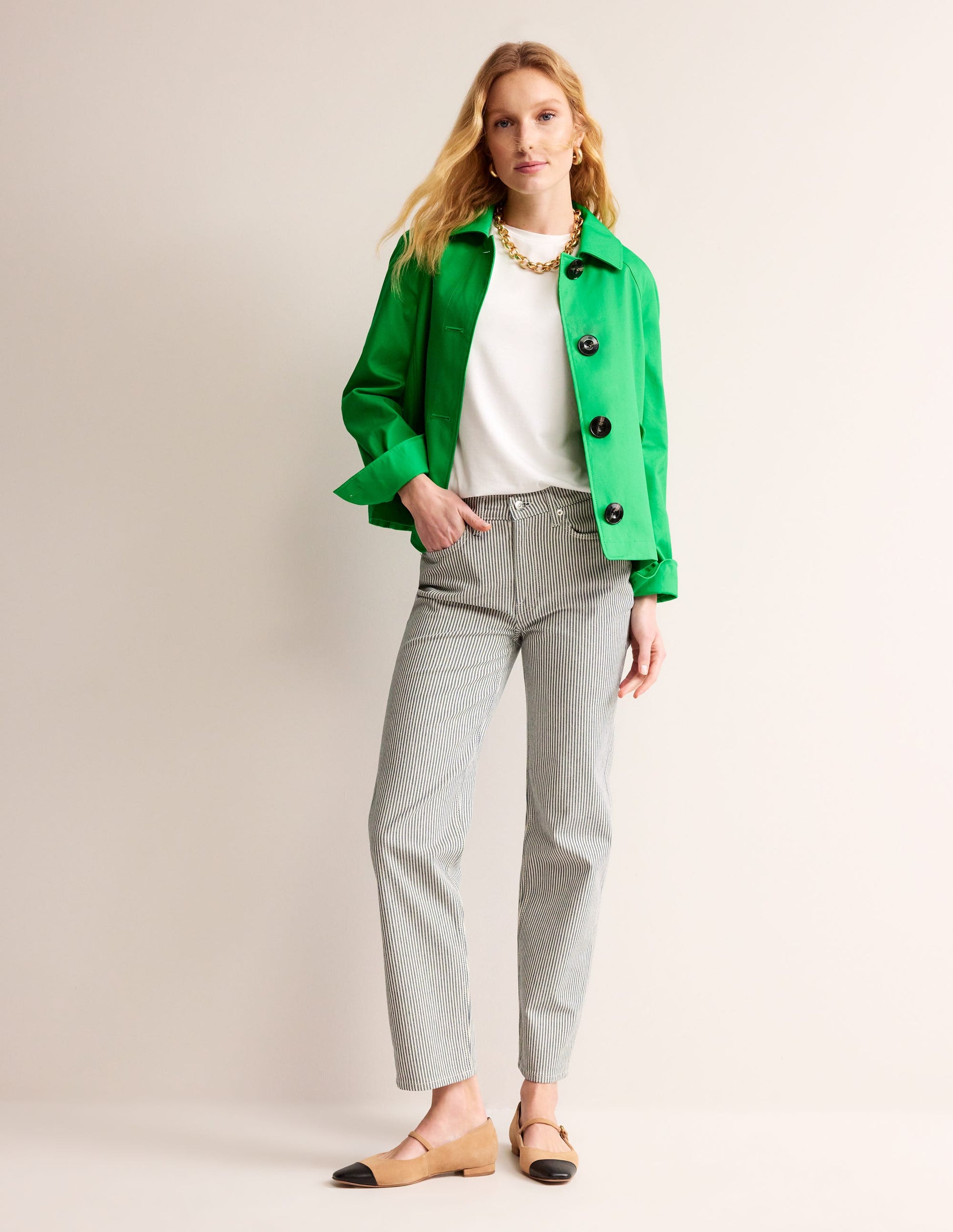 Cropped Trench Jacket-Bright Green with Navy Pop-2