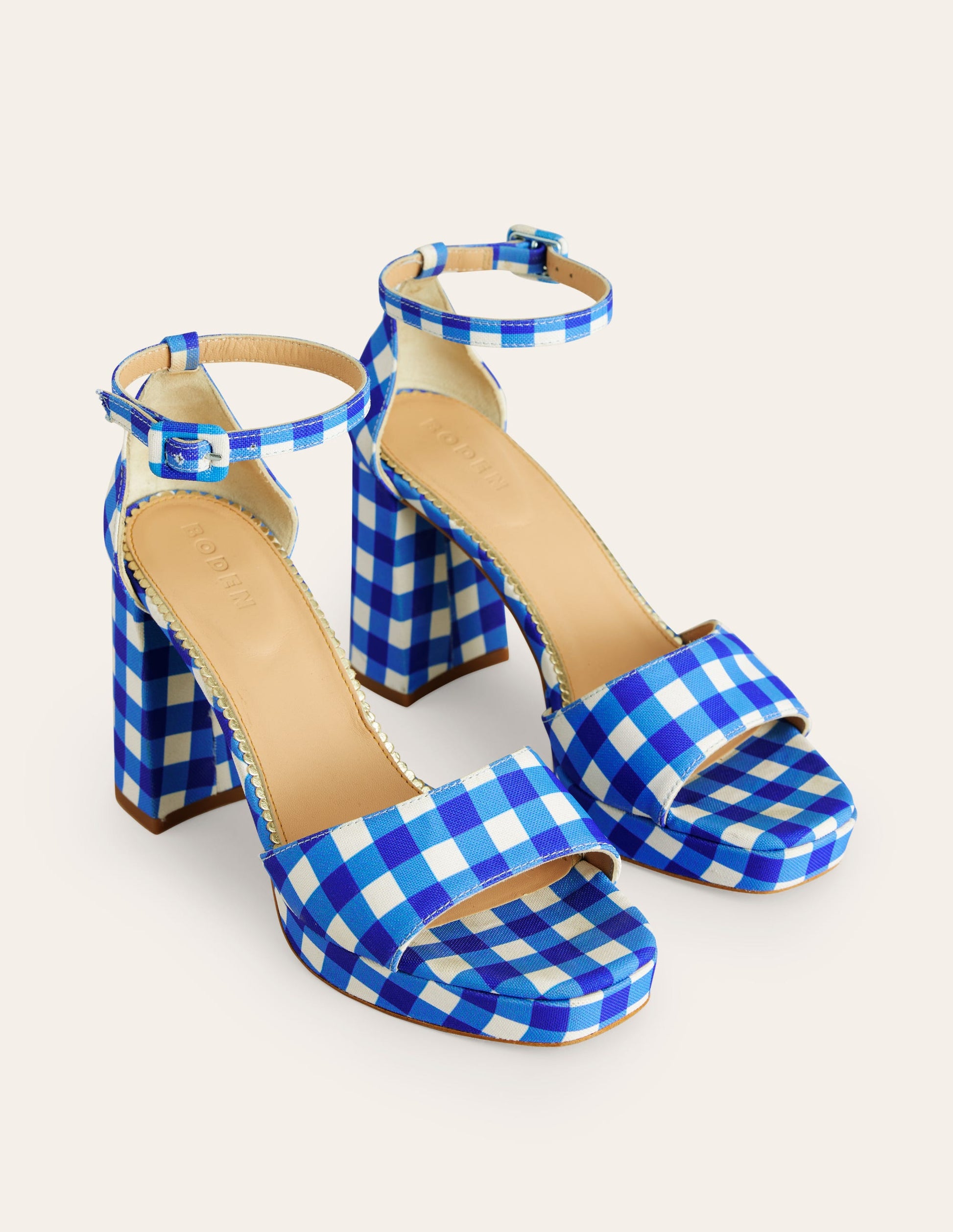 Heeled Platform Sandals-Blue and White Gingham-3