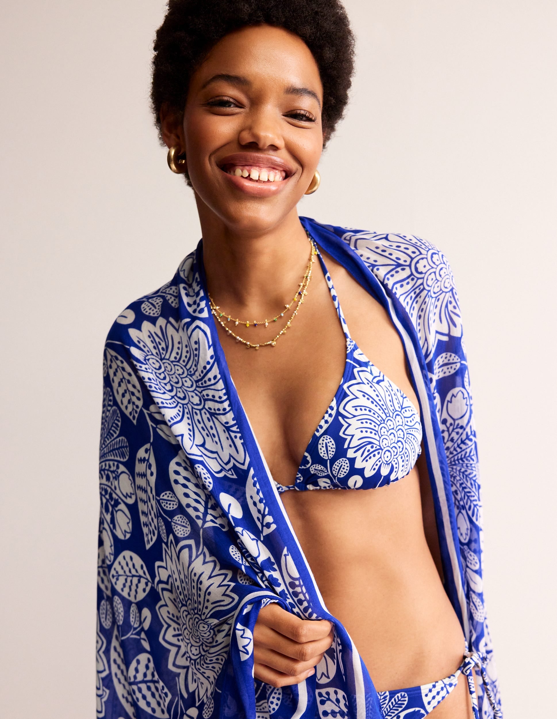 Printed Sarong Scarf-Bright Blue, Gardenia Swirl-1