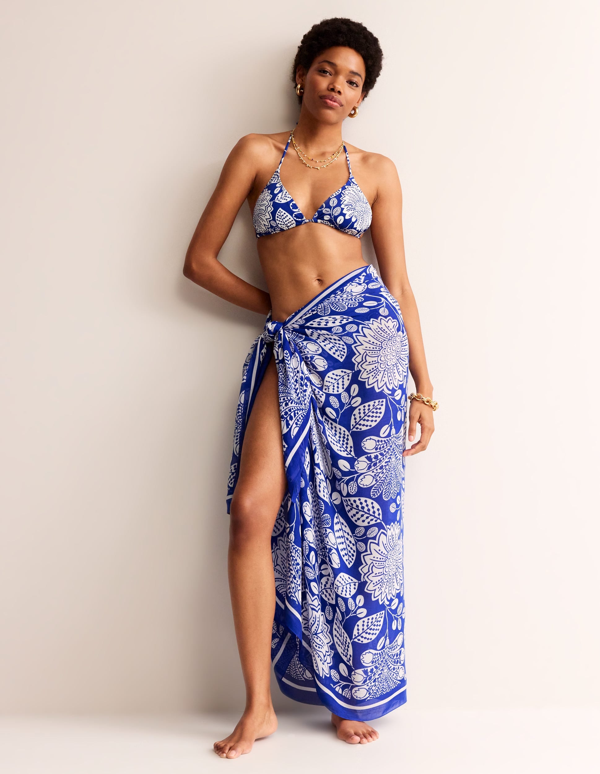 Printed Sarong Scarf-Bright Blue, Gardenia Swirl - Image 2