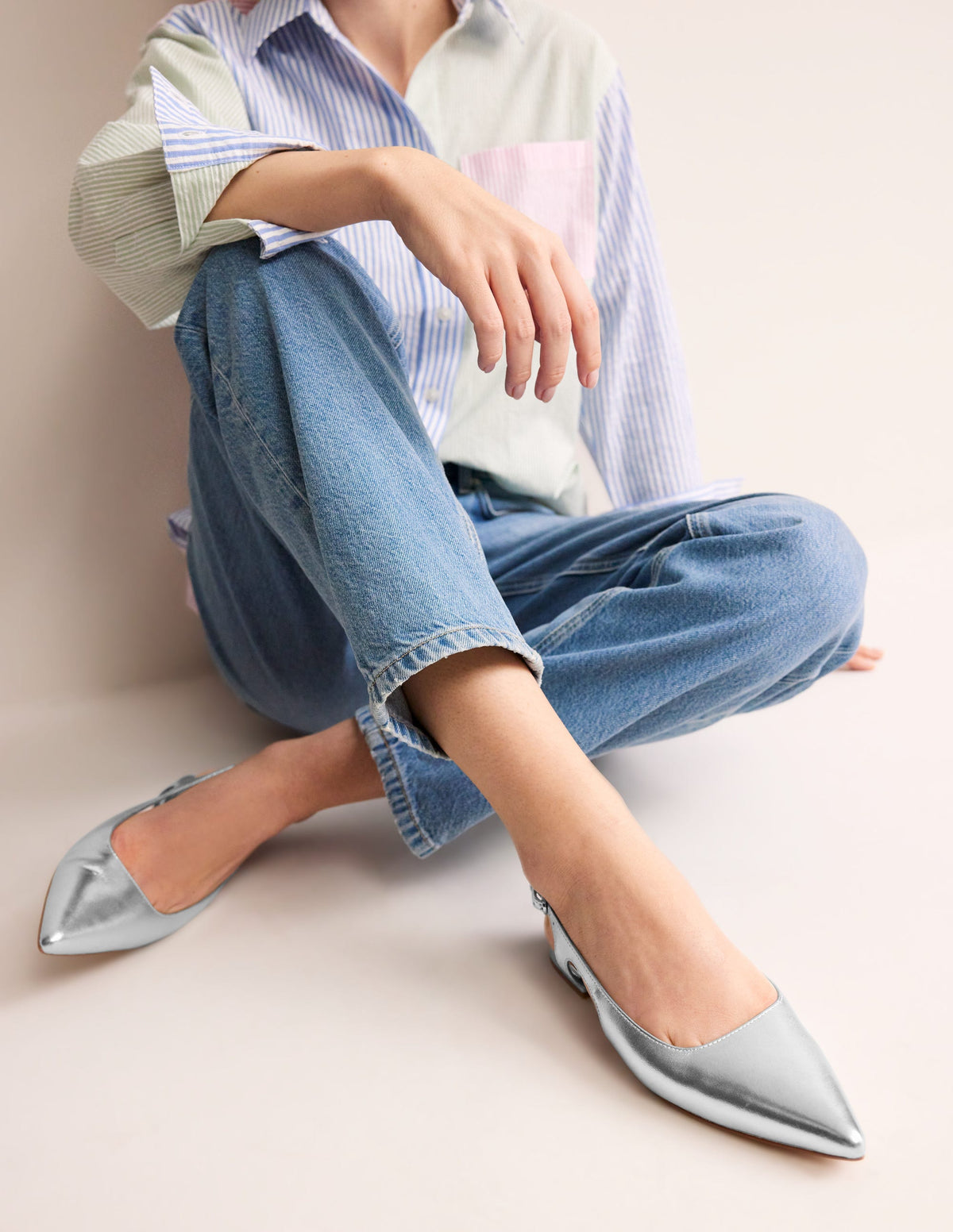 Cut Out Slingback Flat-Silver Leather - Image 1