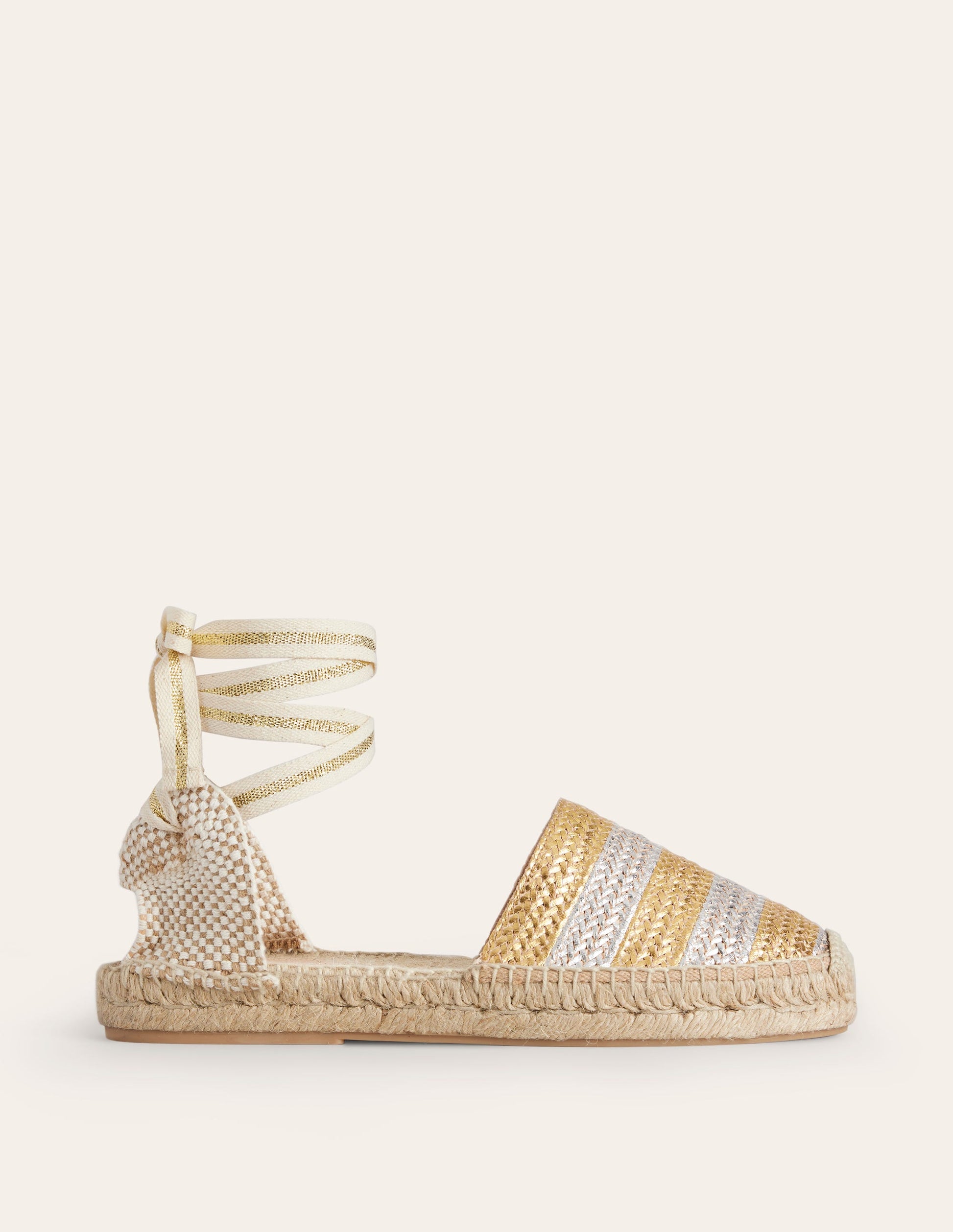 Ankle Tie Flat Espadrilles-Gold/ Silver-2