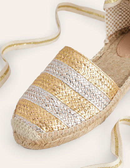 Ankle Tie Flat Espadrilles-Gold/ Silver-4