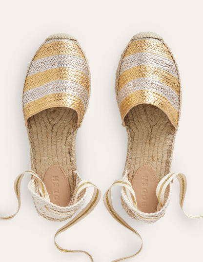Ankle Tie Flat Espadrilles-Gold/ Silver-5