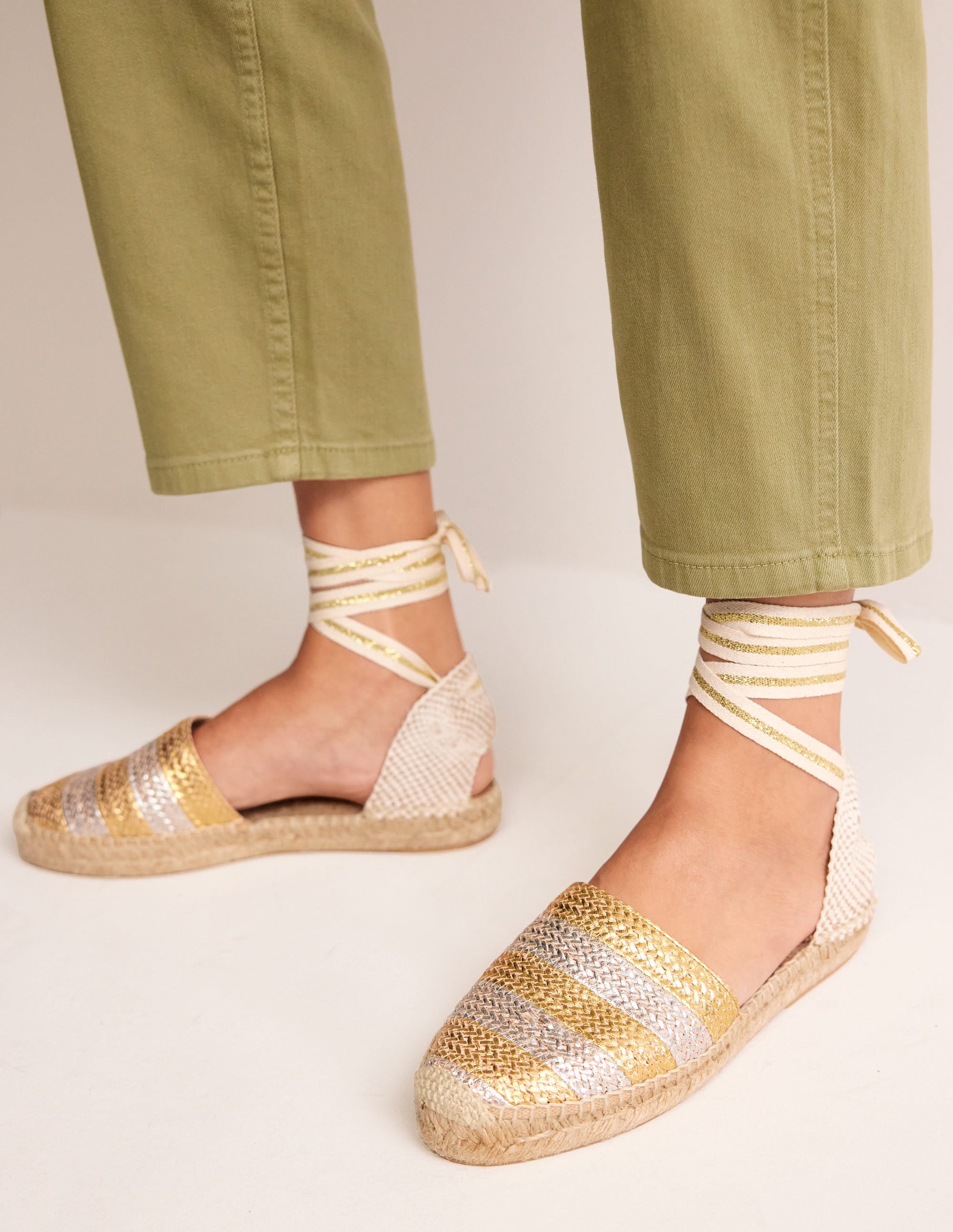 Ankle Tie Flat Espadrilles Gold Silver Boden UK