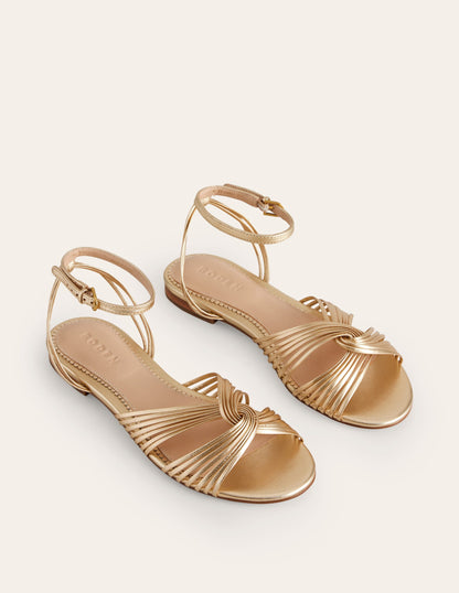 Twist Front Flat Sandals-Gold Metallic Leather-3