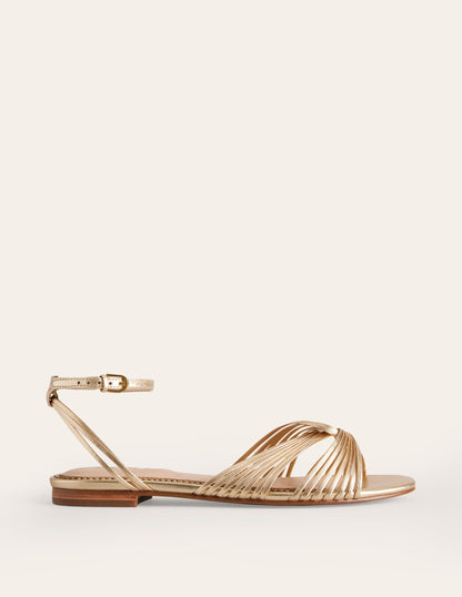 Twist Front Flat Sandals-Gold Metallic Leather-2