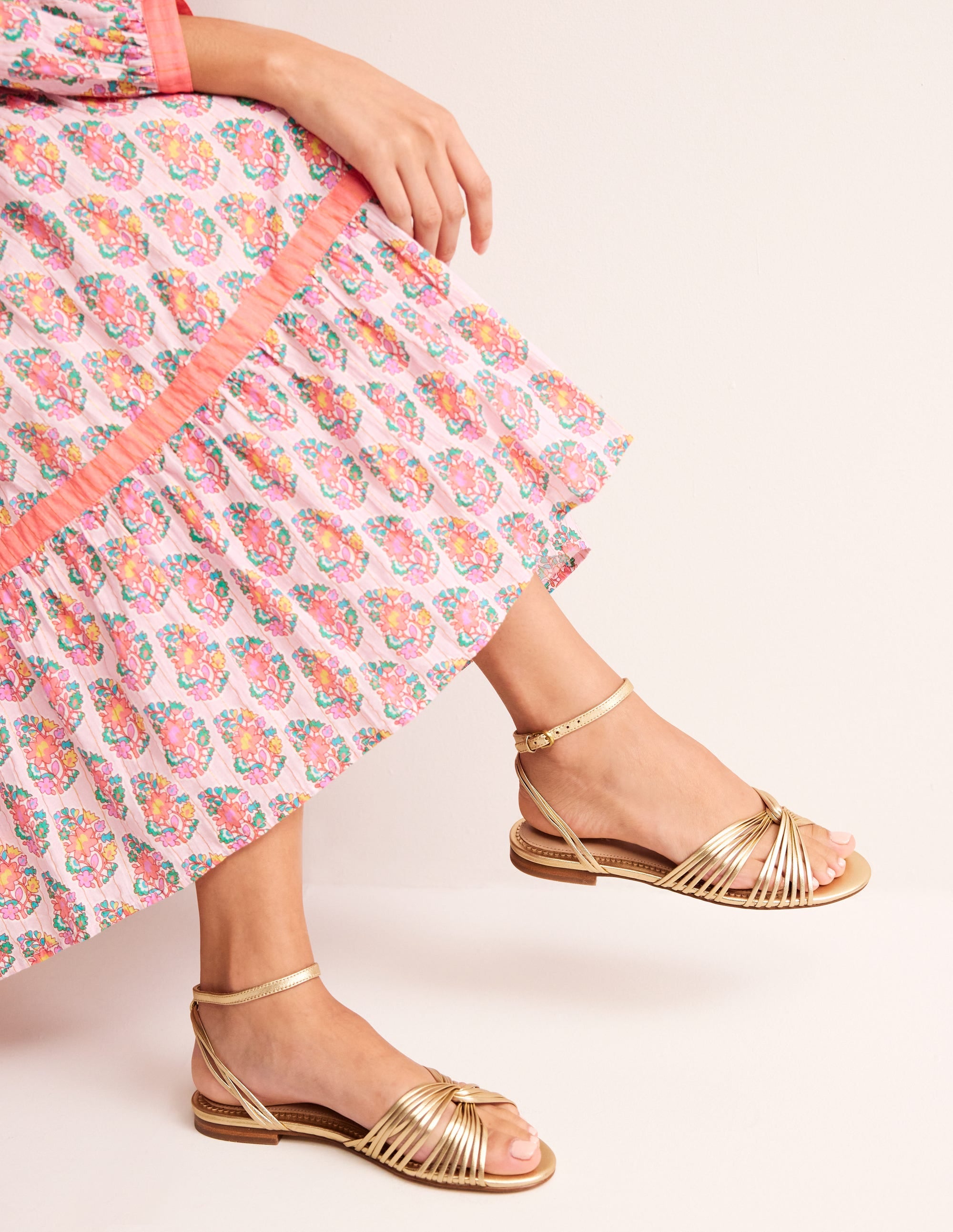 Twist Front Flat Sandals-Gold Metallic Leather - Image 1