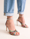 Twist Front Heeled Sandals-Multi Metallic Leather
