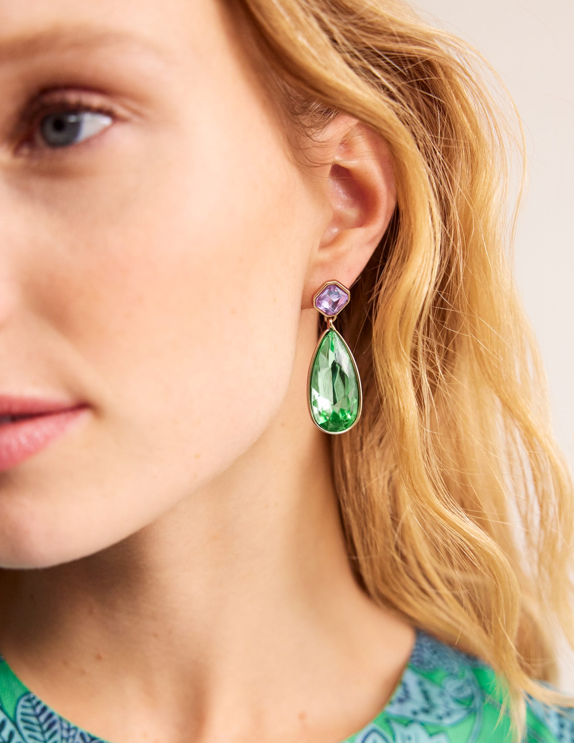 Statement Jewel Earrings-Green and Lilac - Image 1