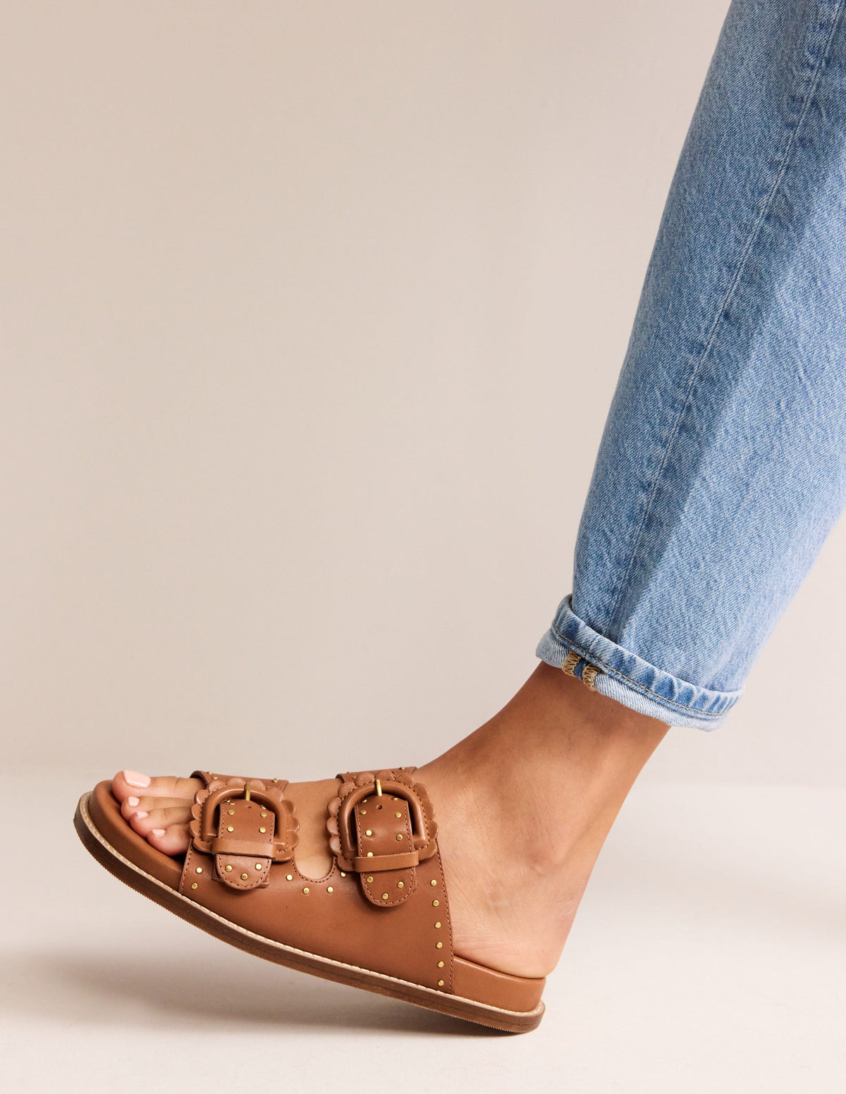 Double Buckle Sliders-Tan Stud - Image 1