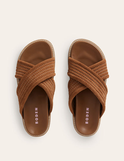 Cross Strap Sliders-Tan-5