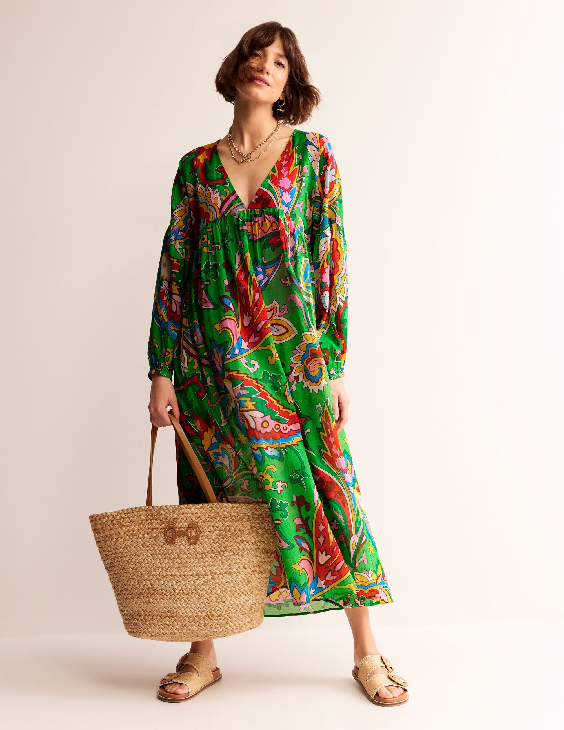 Sarah Maxi Kaftan Dress-Kelly Green, Paisley Azure-2