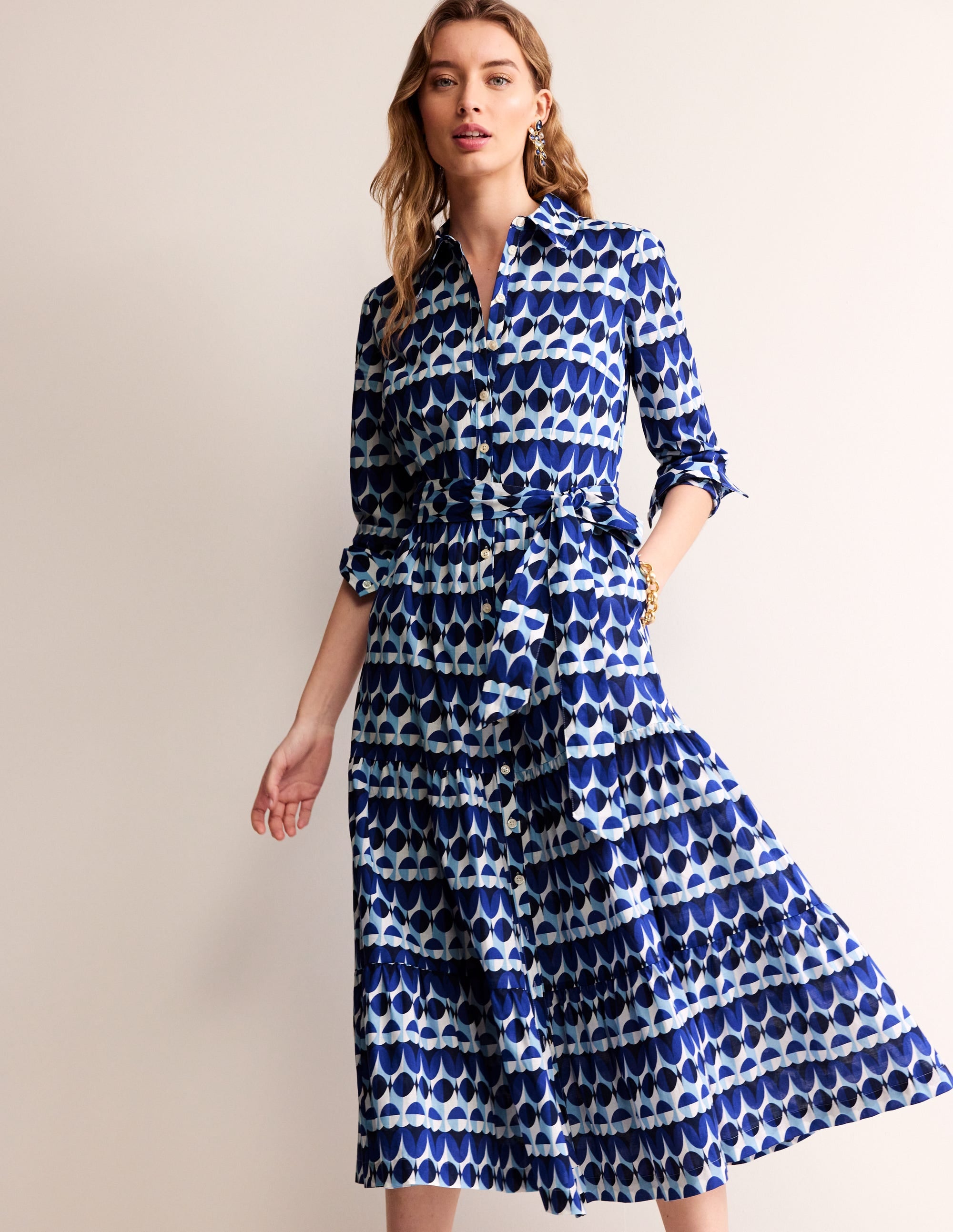Flo Cotton Midi Shirt Dress-Blue, Abstract Illusion - Image 2