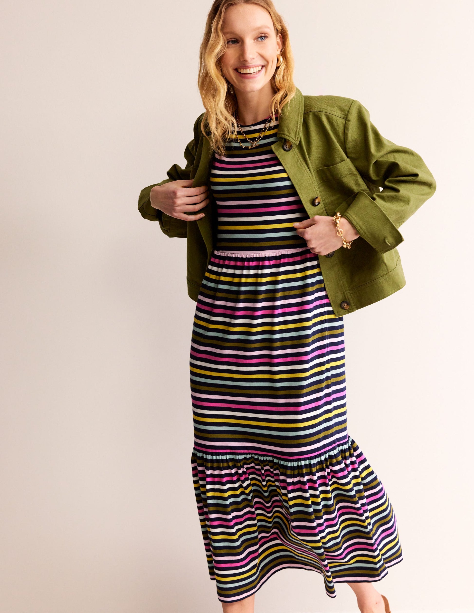 Emma Tiered Jersey Midi Dress-Navy, Yellow Multistripe-4