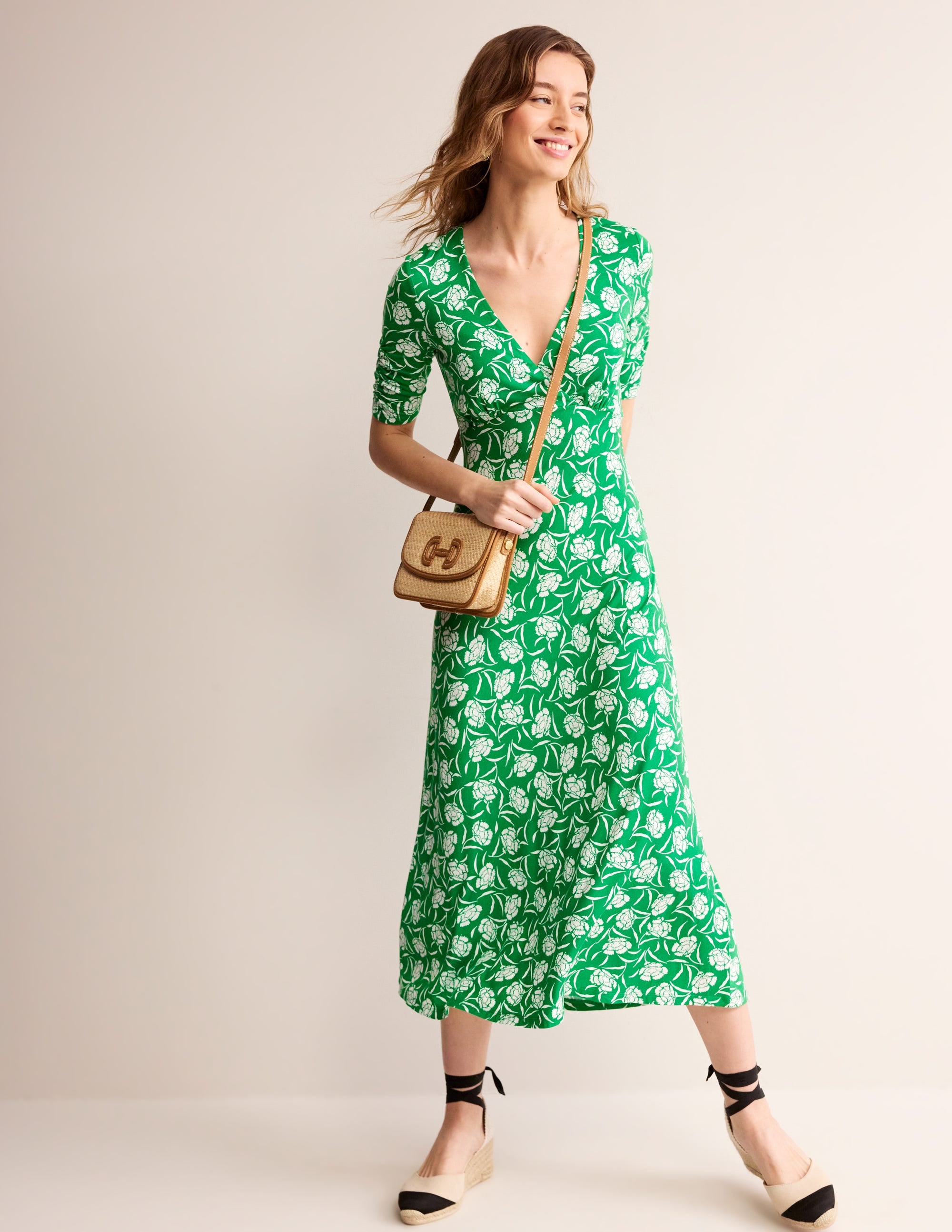 Rebecca Jersey Midi Tea Dress-Green Tambourine, Peony Sprig - Image 1