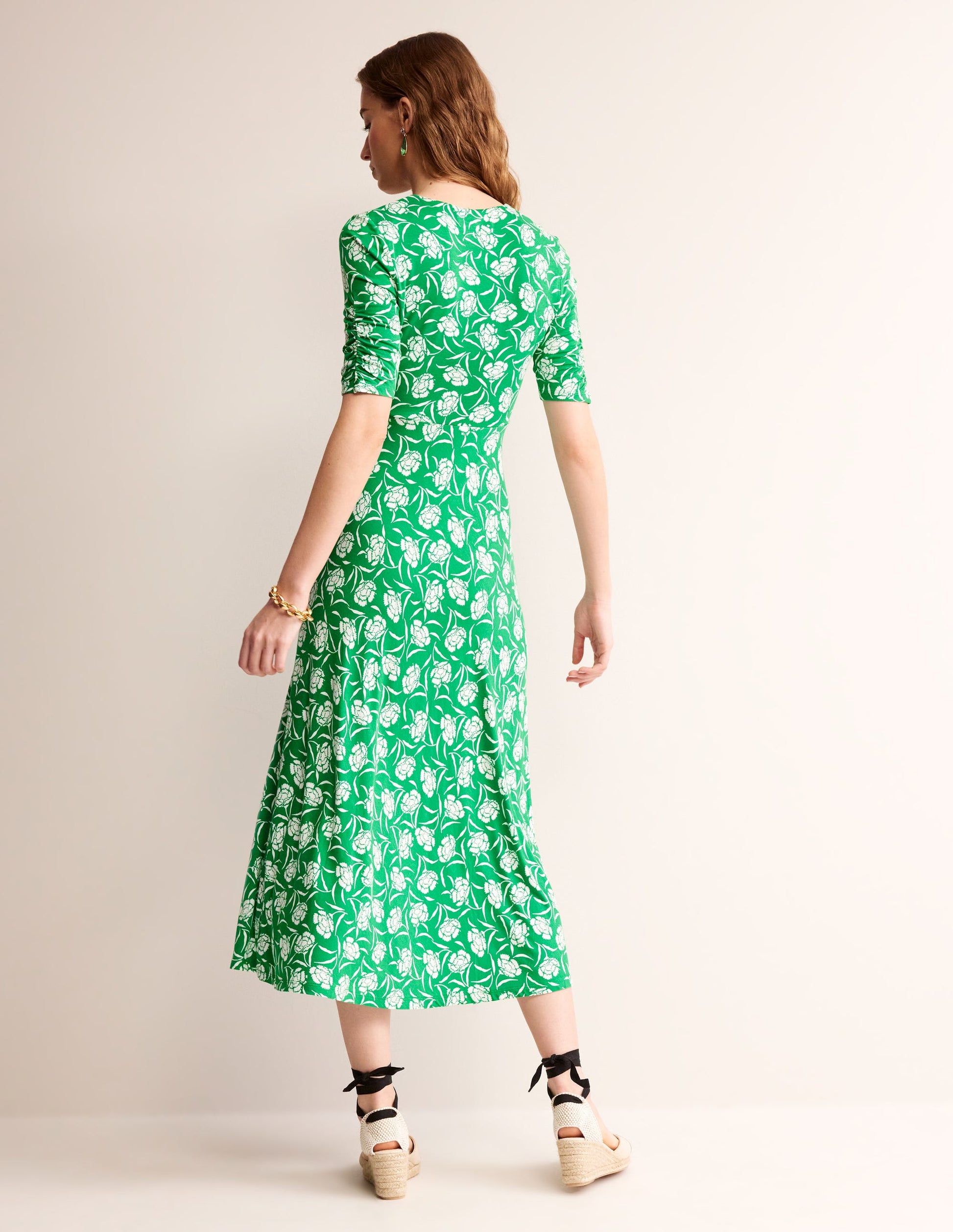 Rebecca Jersey Midi Tea Dress-Green Tambourine, Peony Sprig-3
