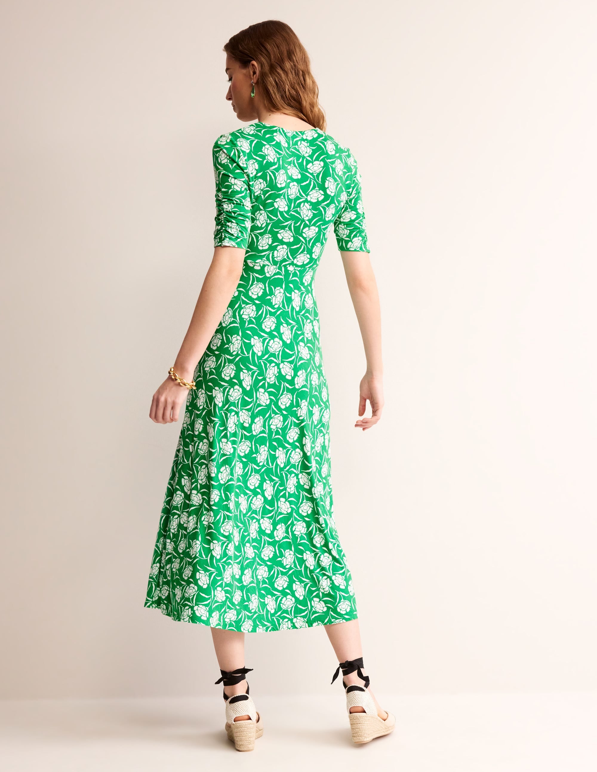 Rebecca Jersey Midi Tea Dress-Green Tambourine, Peony Sprig - Image 3