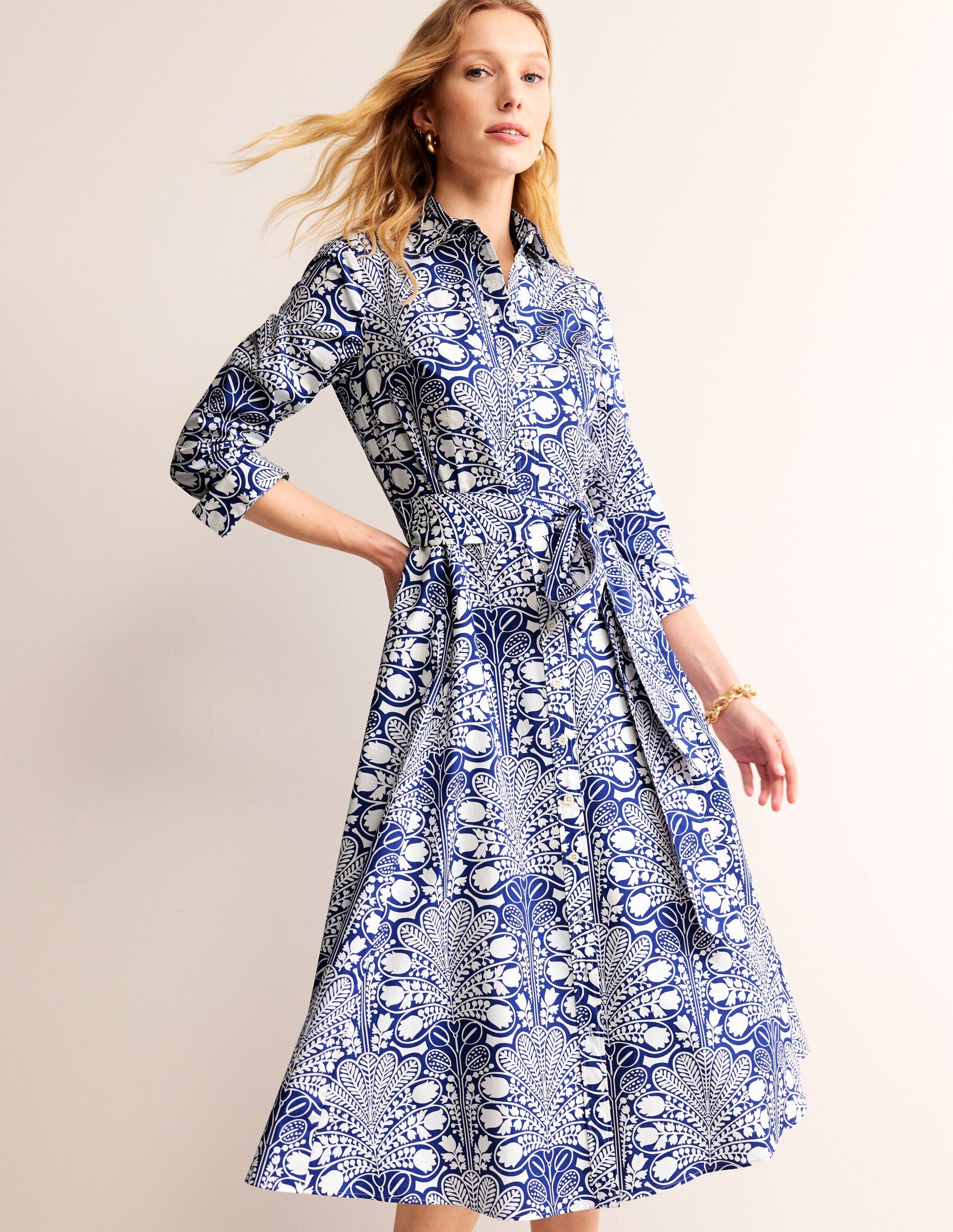 Amy Cotton Midi Shirt Dress-Surf the Web, Gardenia Swirl-2